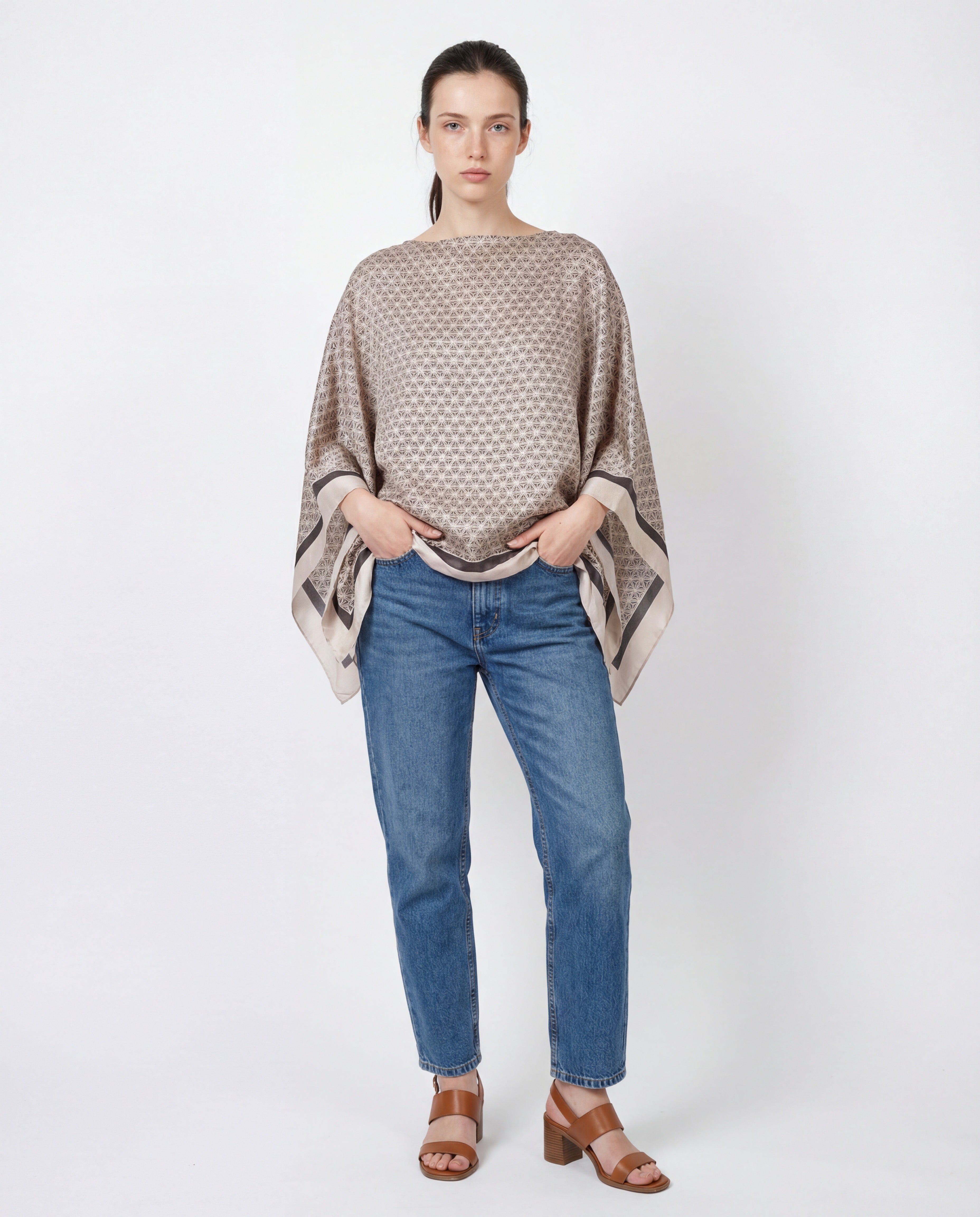 BRUNELLO CUCINELLI WOMEN'S ANTHRACITE BEIGE SILK SHAWL TOP