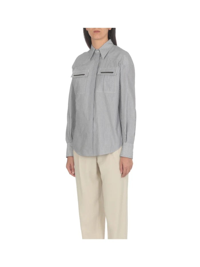 BRUNELLO CUCINELLI WOMEN'S WHITE BLUE STRIPED LONG SLEEVE SHIRT