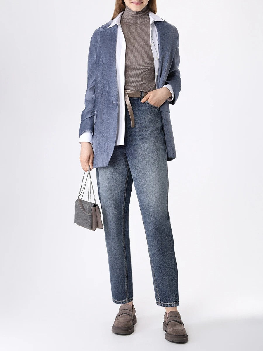 BRUNELLO CUCINELLI WOMEN'S BLUE RELAXED VELVET BLAZER
