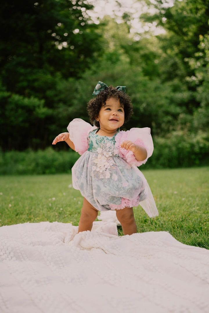 Eva Pink and Green Floral Tulle Romper - Petite Maison Kids