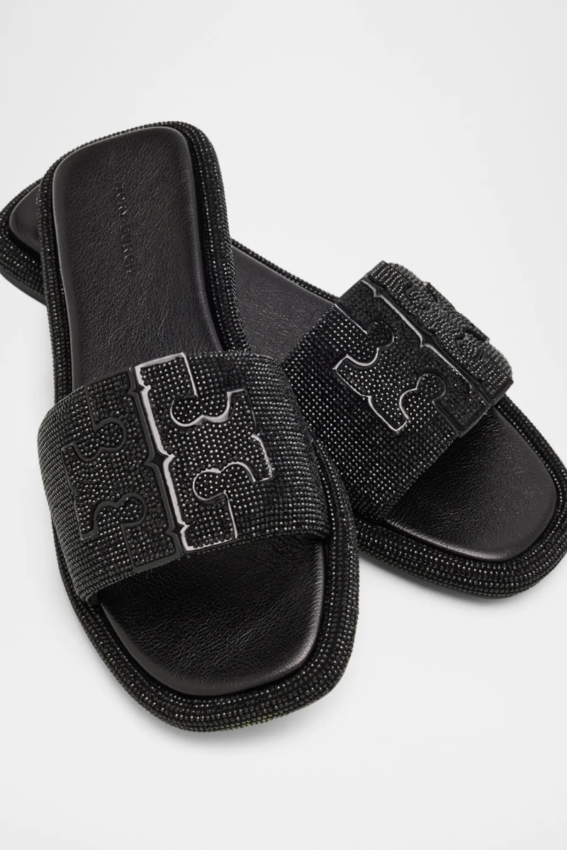 Tory Burch Pavé Double T Sport Slides in Black