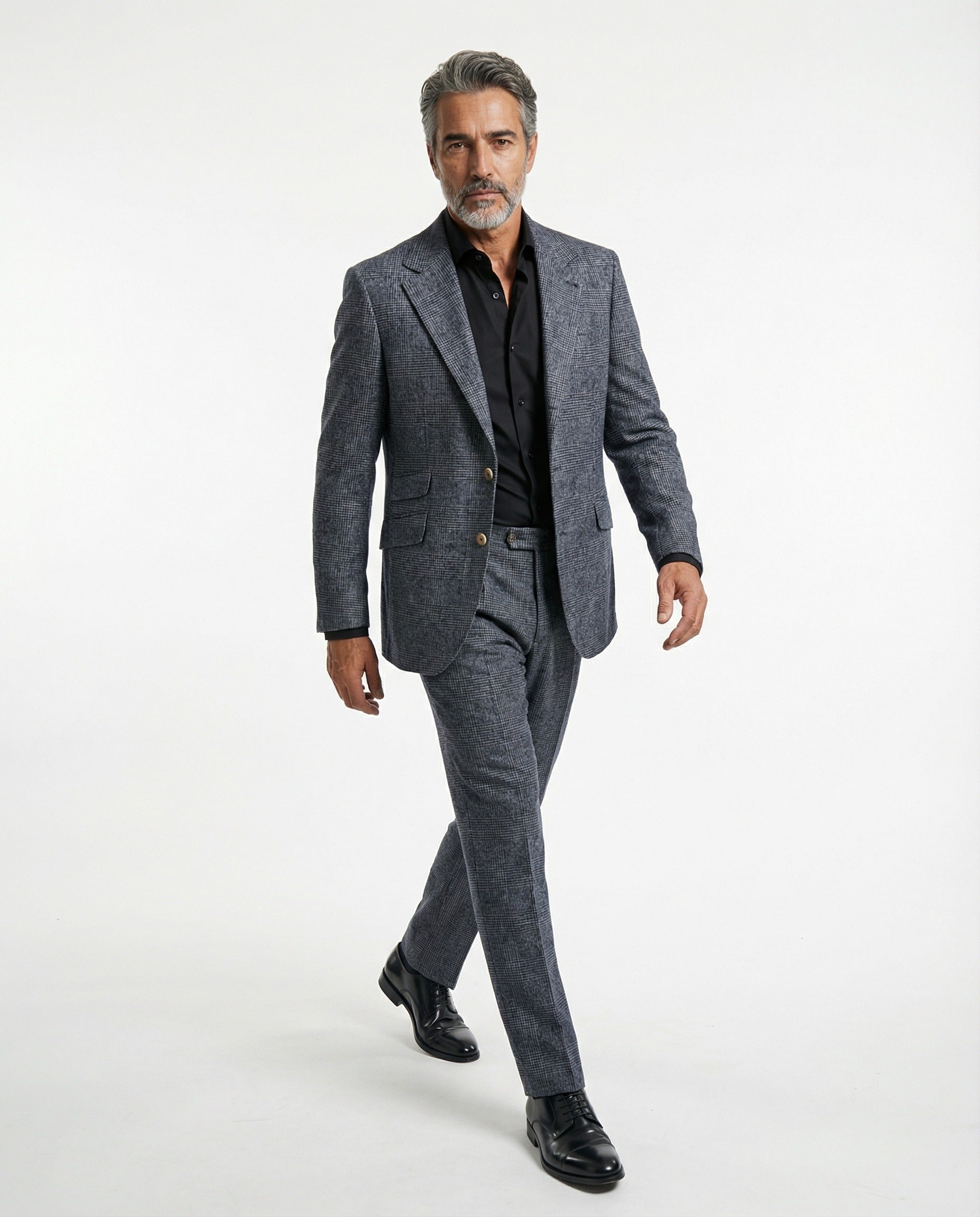 BRUNELLO CUCINELLI MEN'S DENIM CHECK WOOL BLEND SUIT