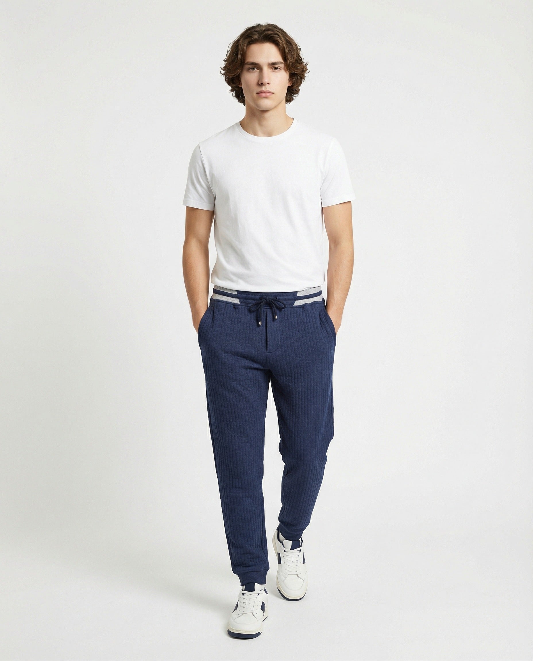 BRUNELLO CUCINELLI MEN'S NAVY RIBBED COTTON TROUSERS