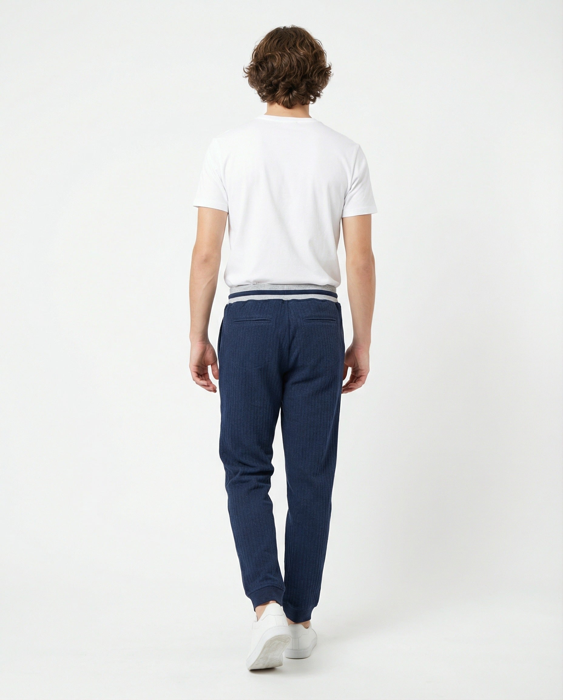 BRUNELLO CUCINELLI MEN'S BLUE RIBBED KNIT TROUSERS