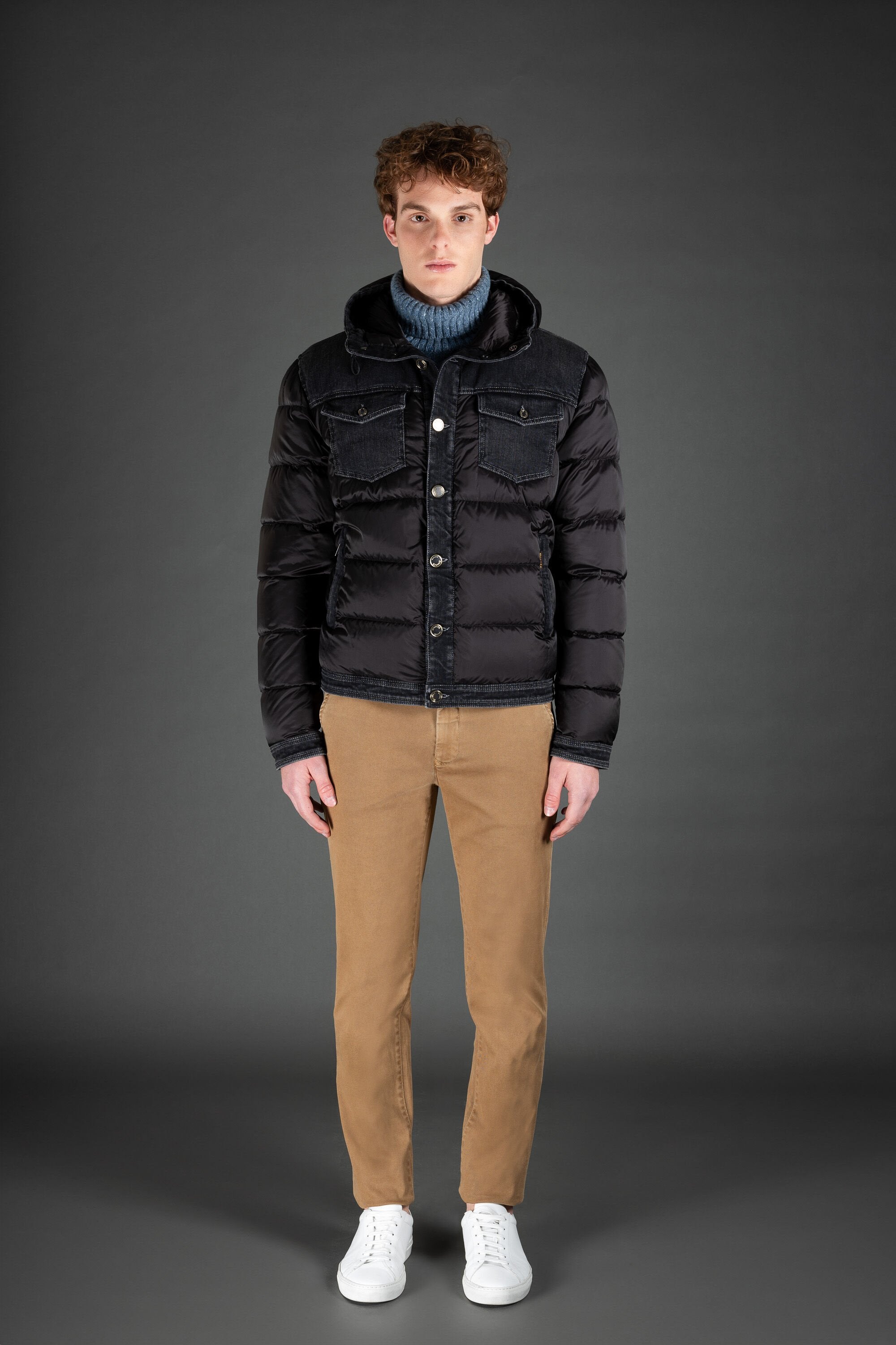 MOORER MEN'S BLACK QUILTED JACKET WITH DENIM ACCENTS