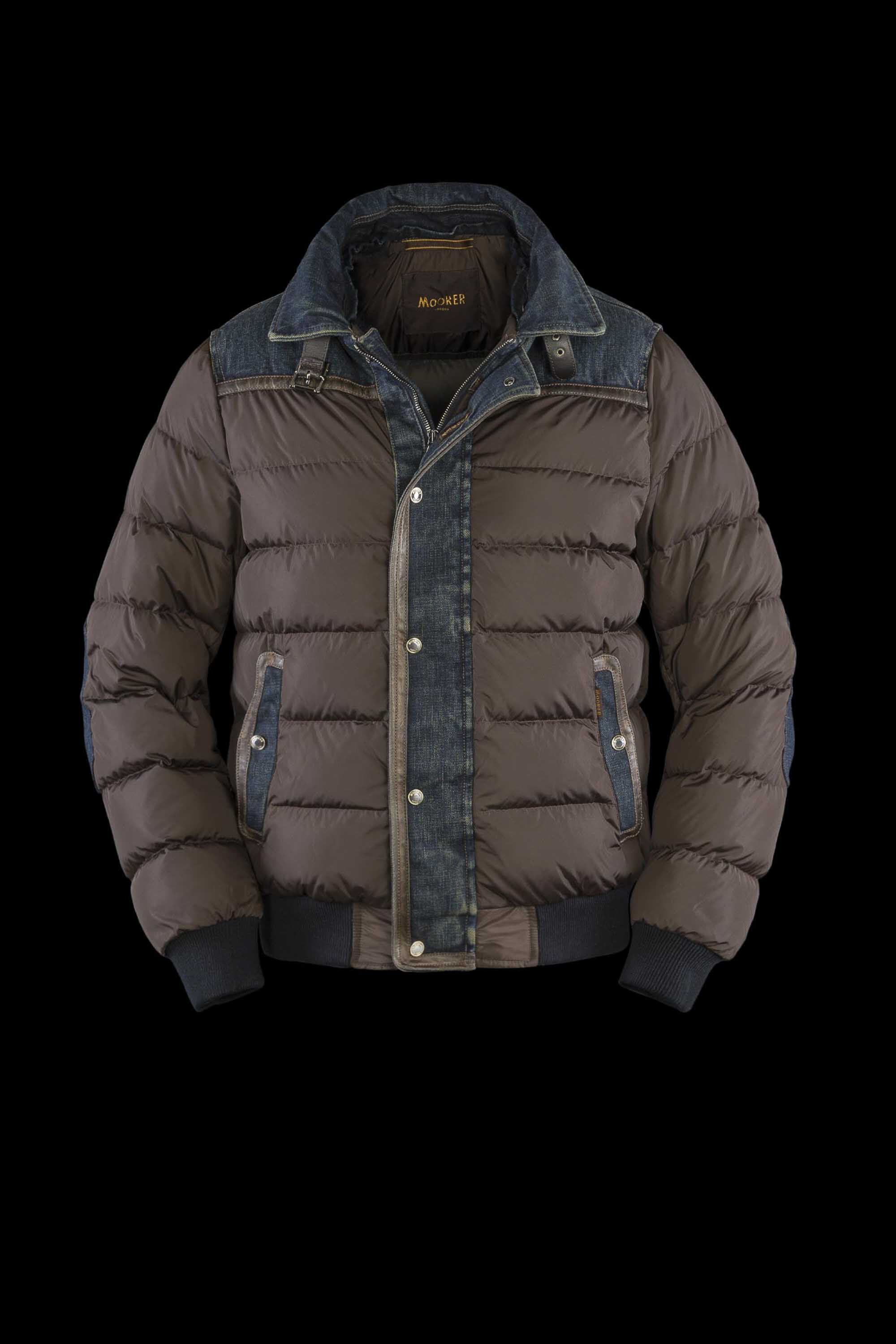 MOORER MEN'S BROWN PUFFER JACKET WITH DENIM TRIM