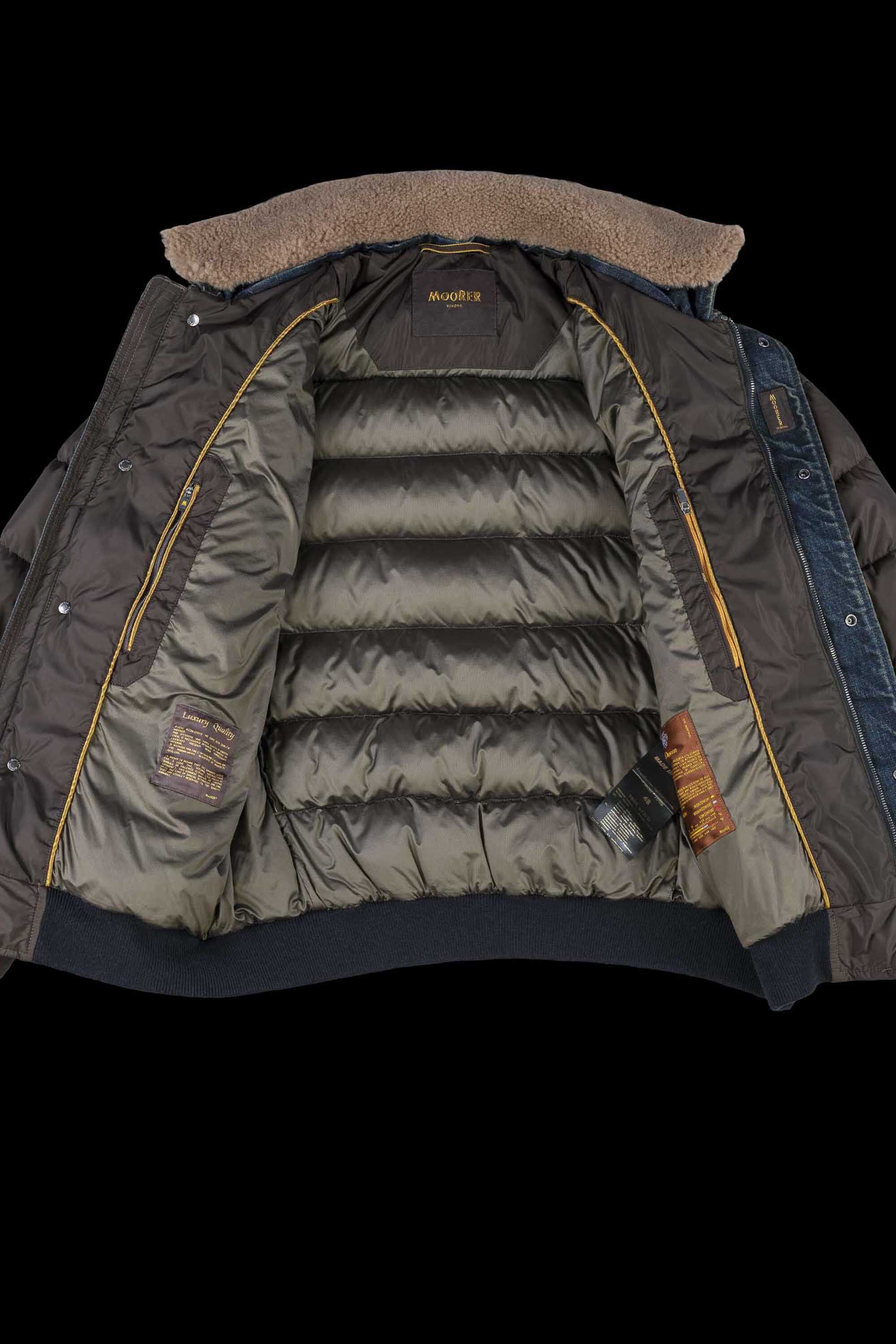 MOORER MEN'S BROWN PUFFER JACKET WITH DENIM TRIM