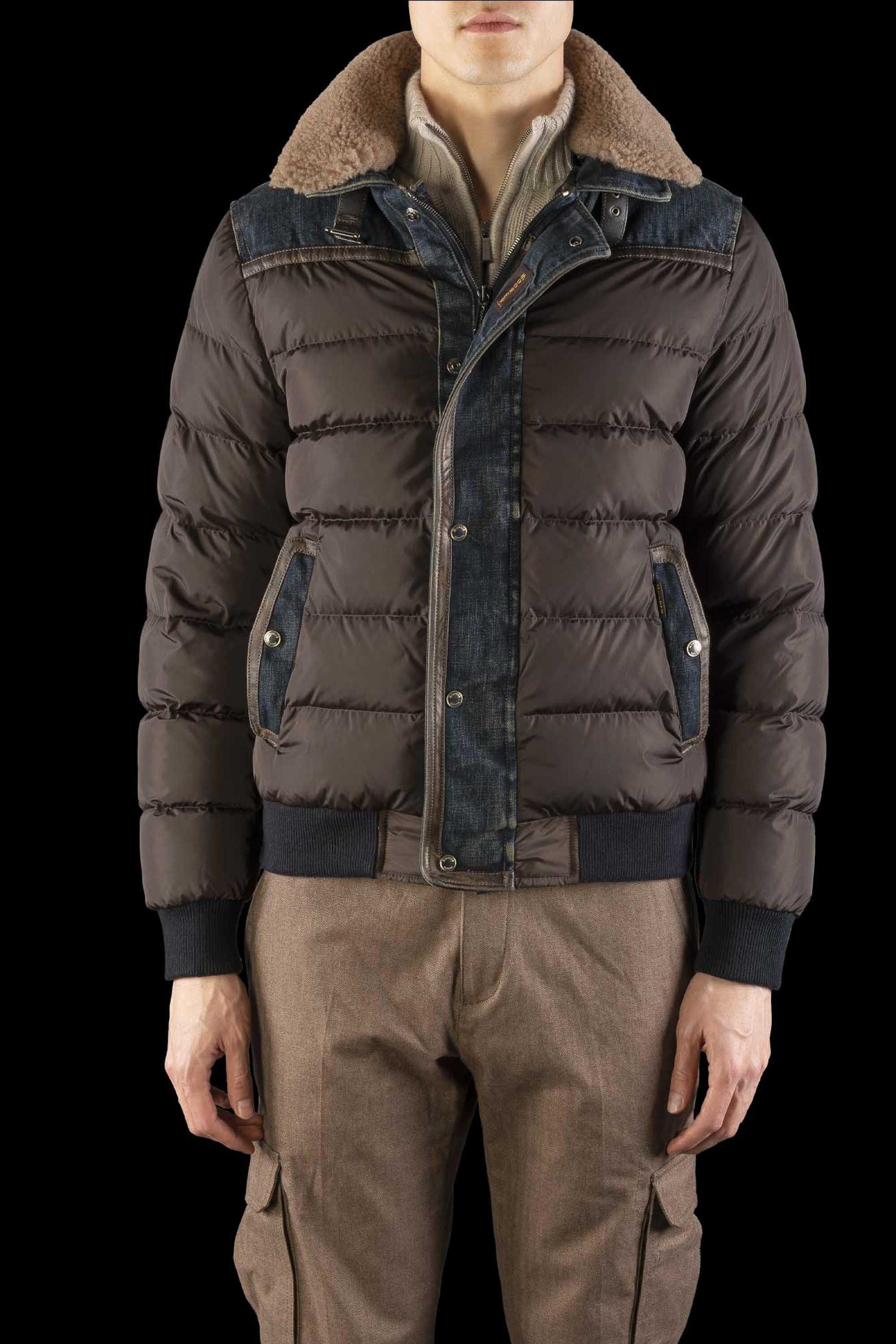 MOORER MEN'S BROWN PUFFER JACKET WITH DENIM TRIM
