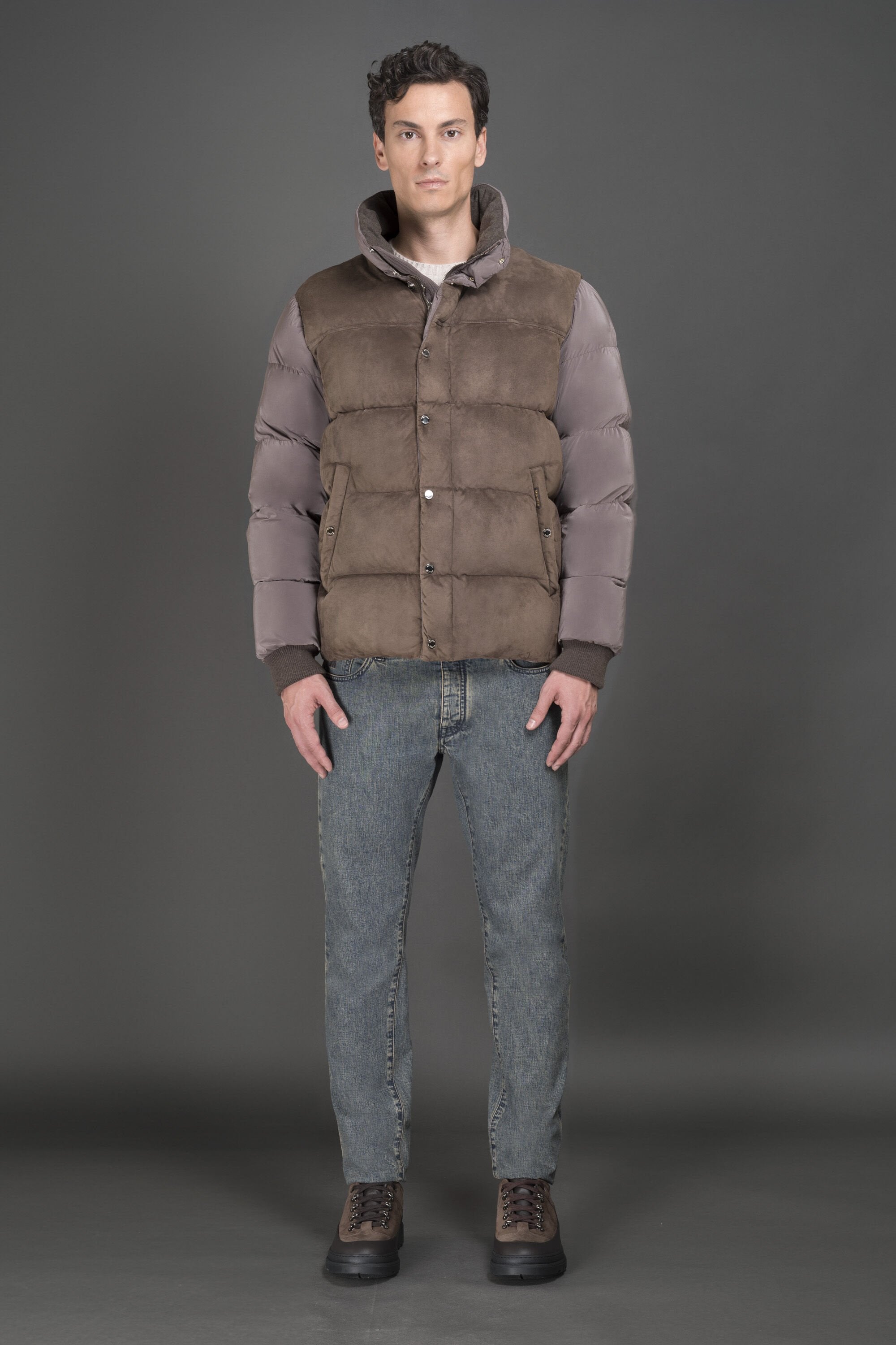 MOORER MEN'S BROWN QUILTED JACKET WITH FUR COLLAR