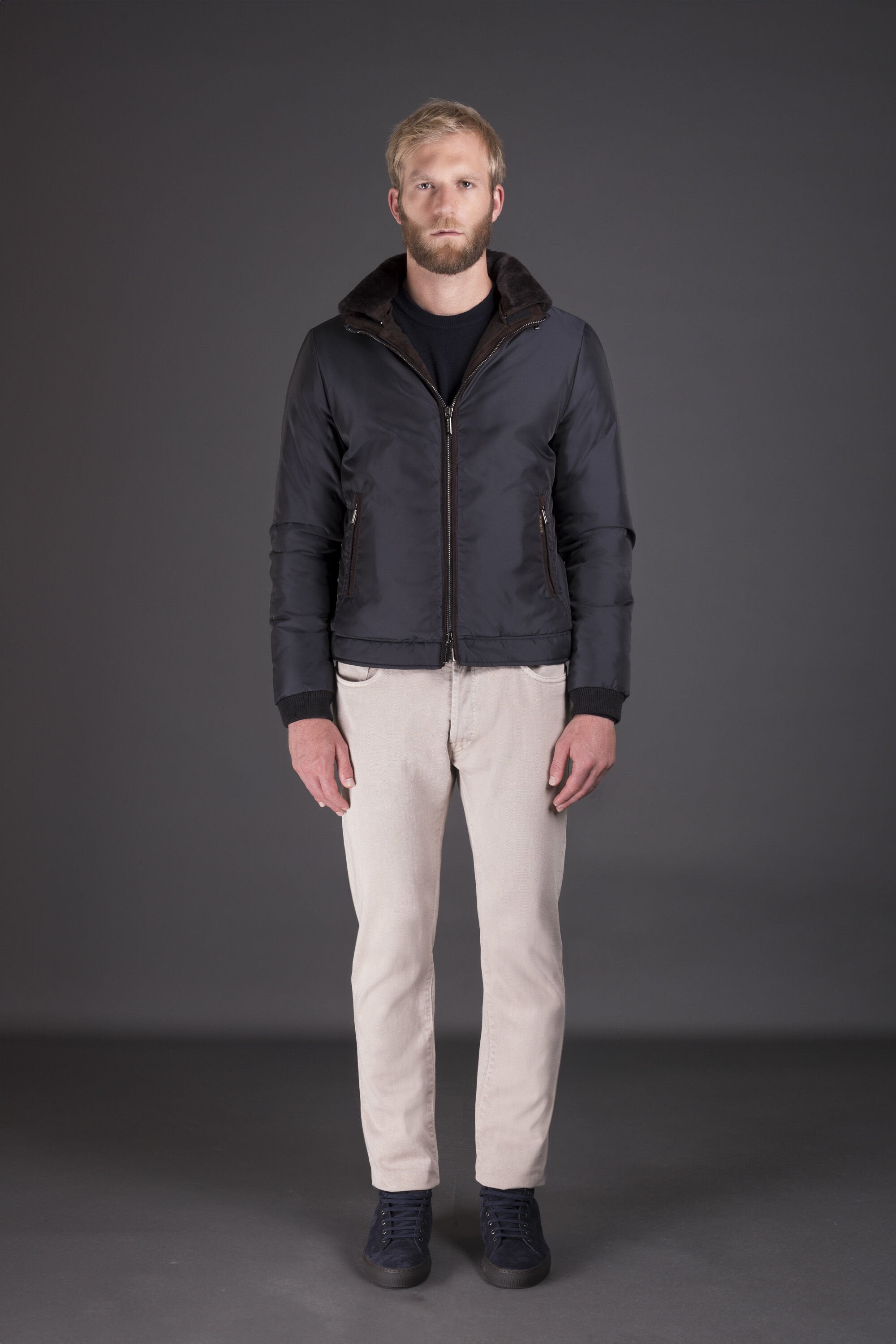 MOORER MEN'S DARK BLUE BOMBER JACKET WITH COLLAR