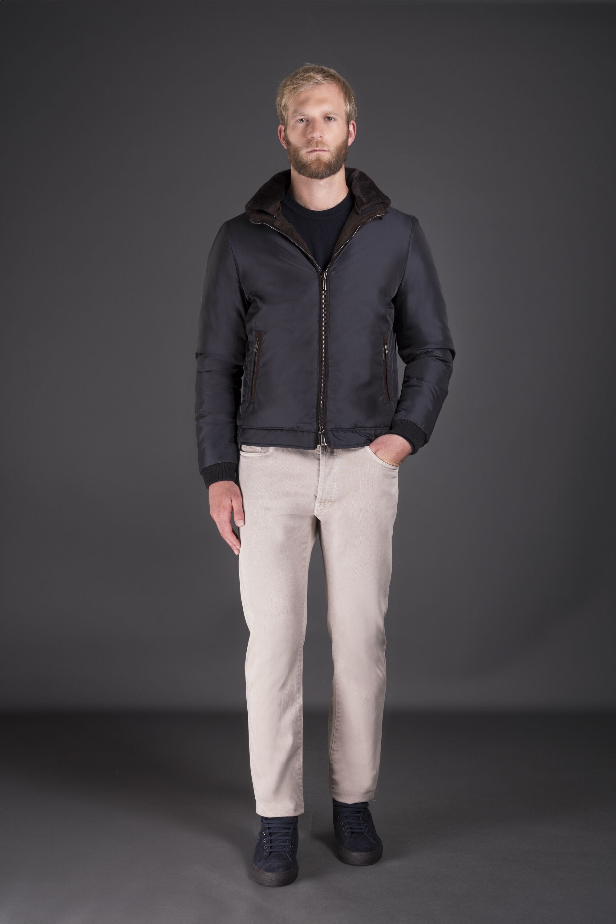 MOORER MEN'S DARK BLUE BOMBER JACKET WITH COLLAR