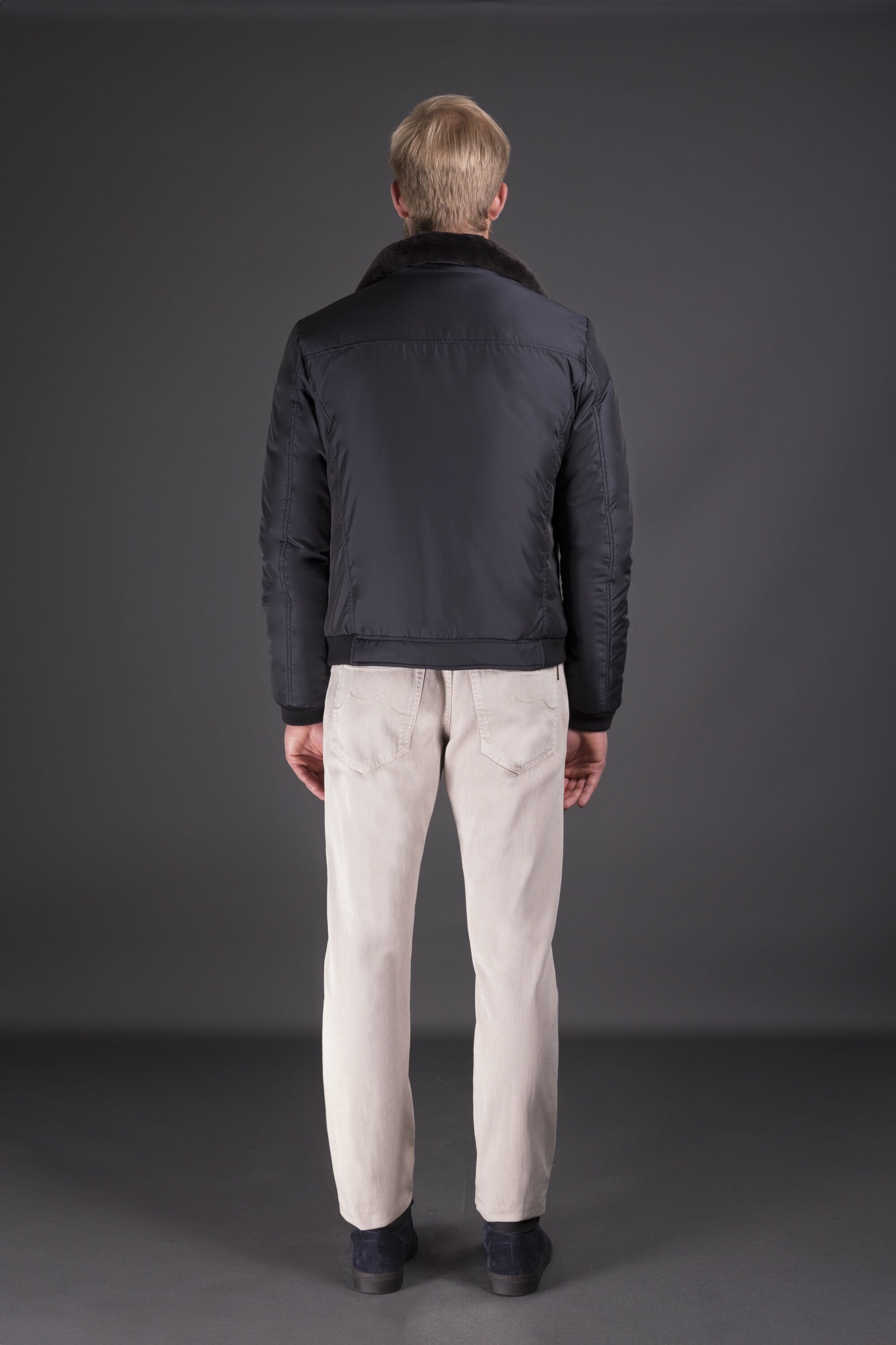MOORER MEN'S DARK BLUE BOMBER JACKET WITH COLLAR