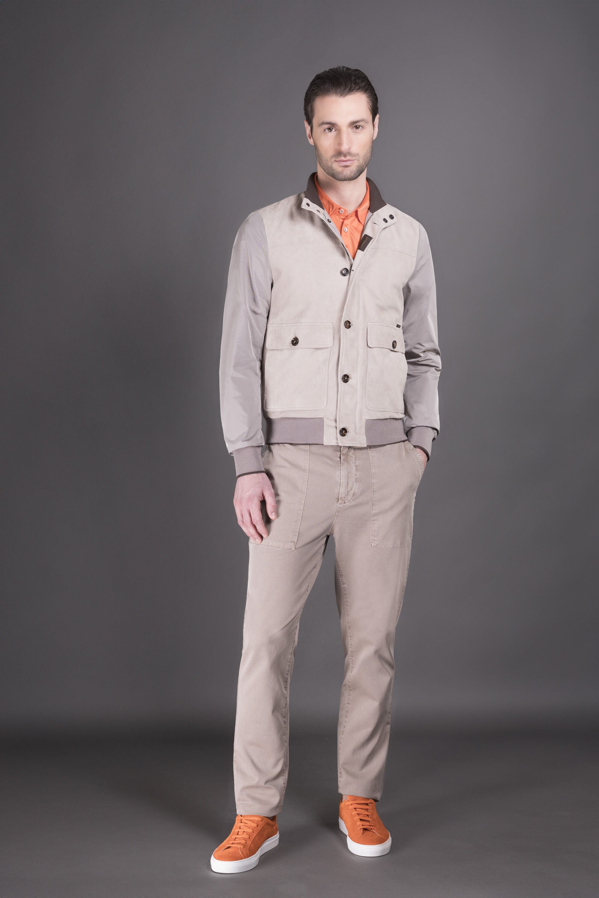 MOORER MEN'S LIGHT GRAY TWO-TONE BOMBER JACKET