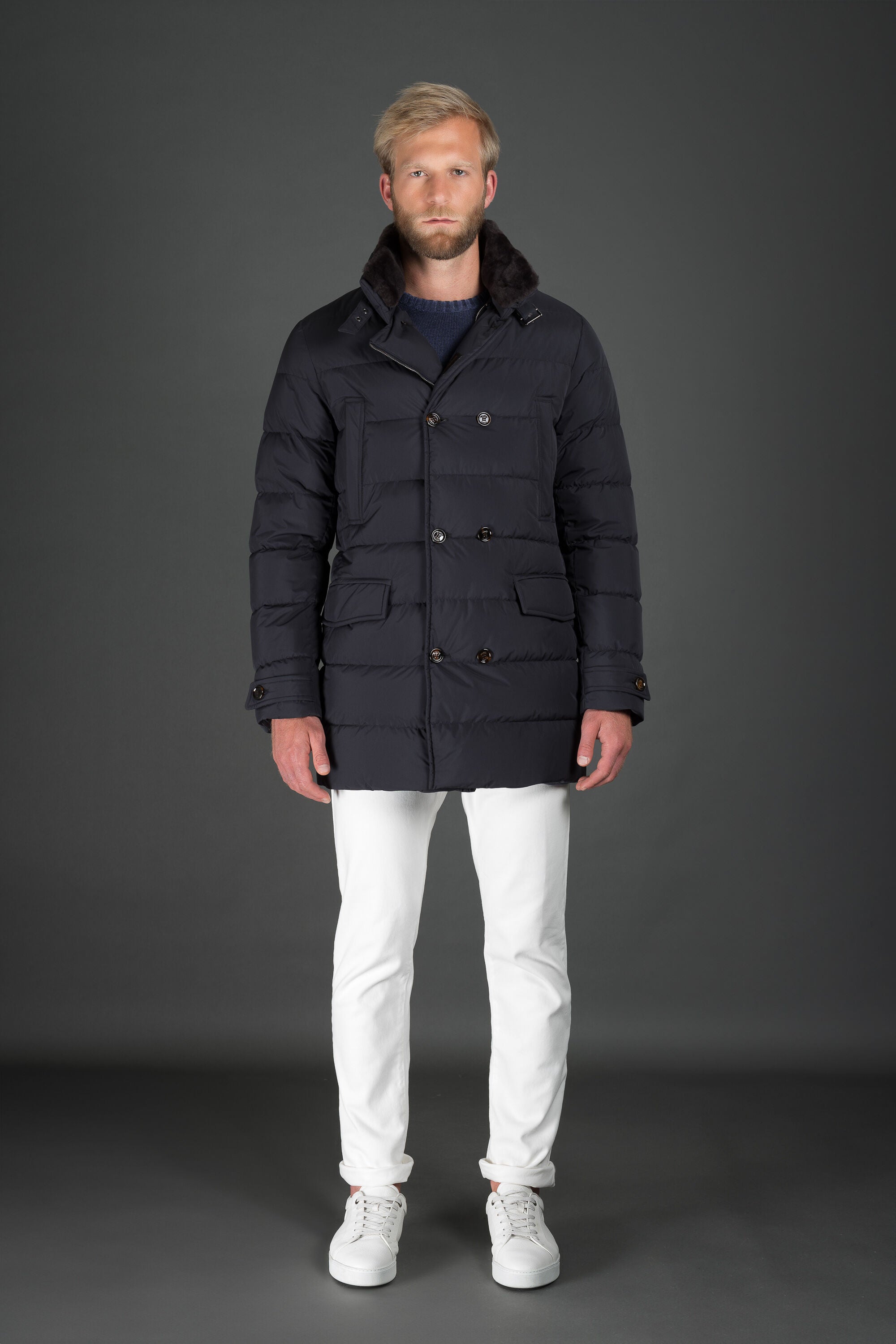 MOORER MEN'S DARK BLUE QUILTED DOUBLE-BREASTED COAT