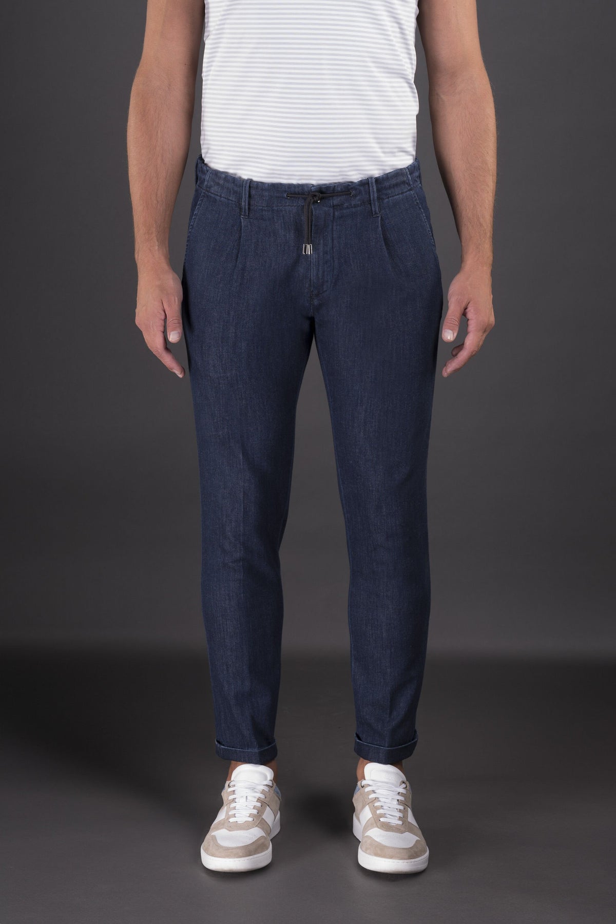MOORER MEN'S DARK BLUE COTTON TROUSERS
