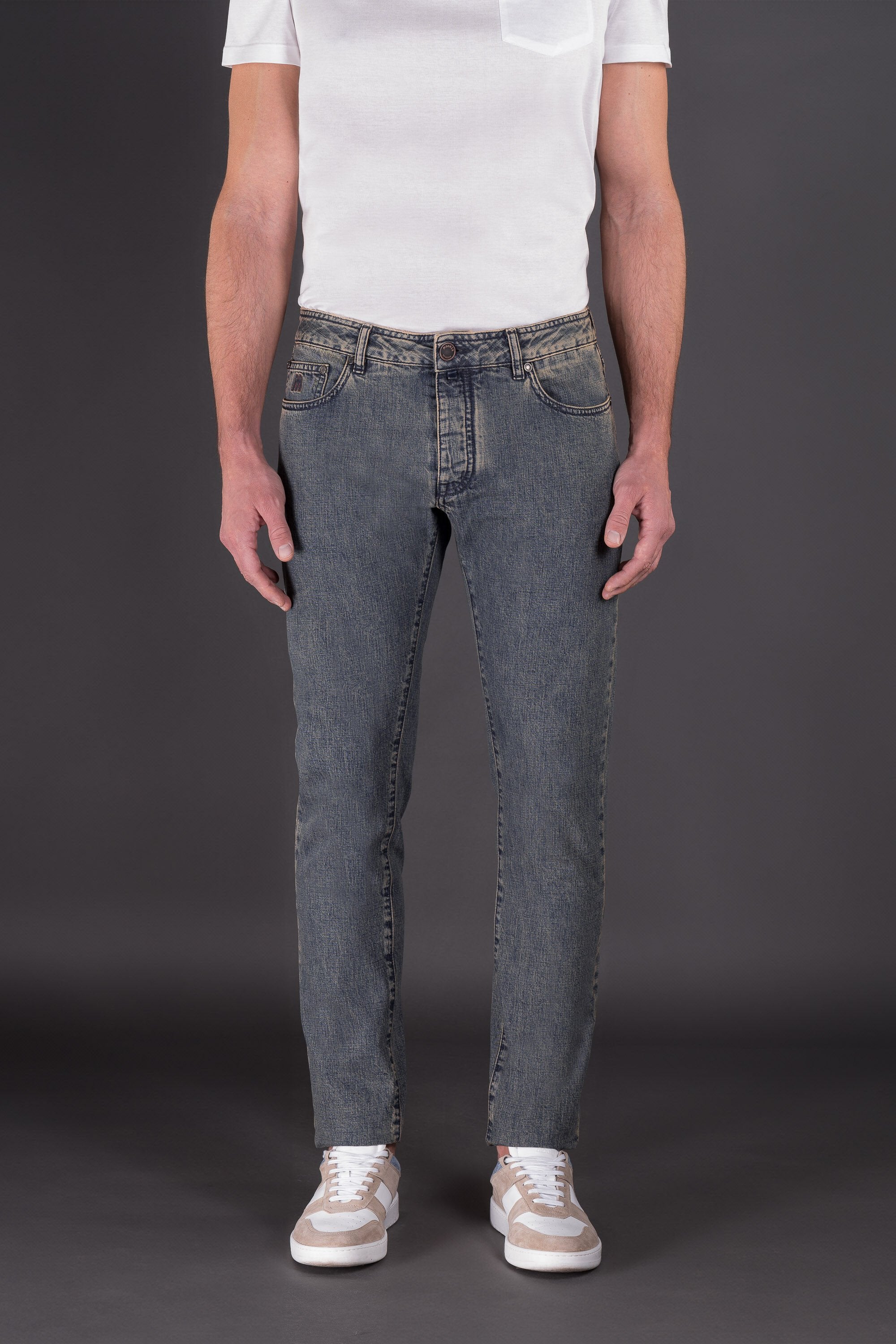 MOORER MEN'S FADED BLUE SLIM TROUSERS