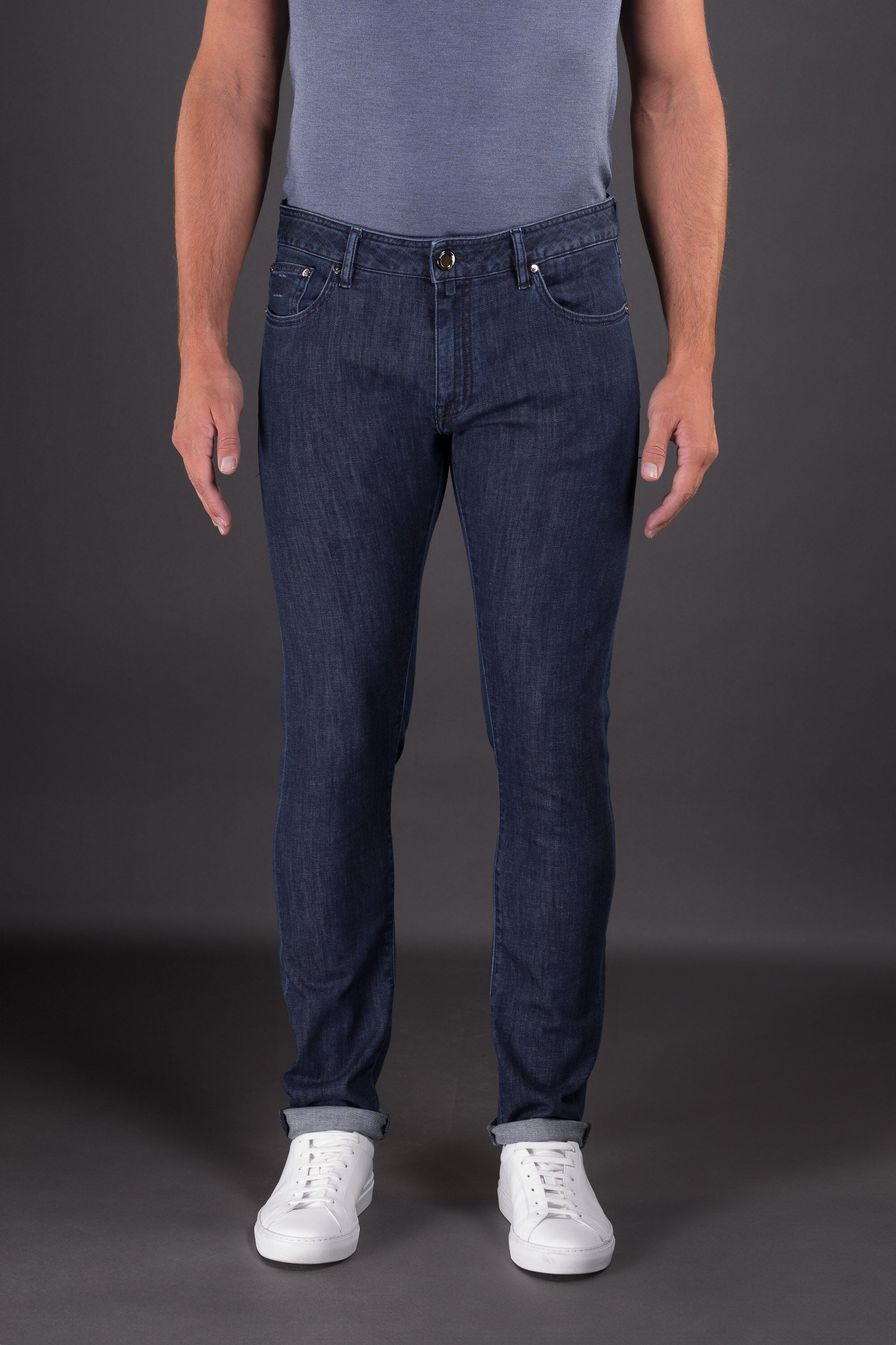 MOORER MEN'S DARK BLUE SLIM FIT TROUSERS