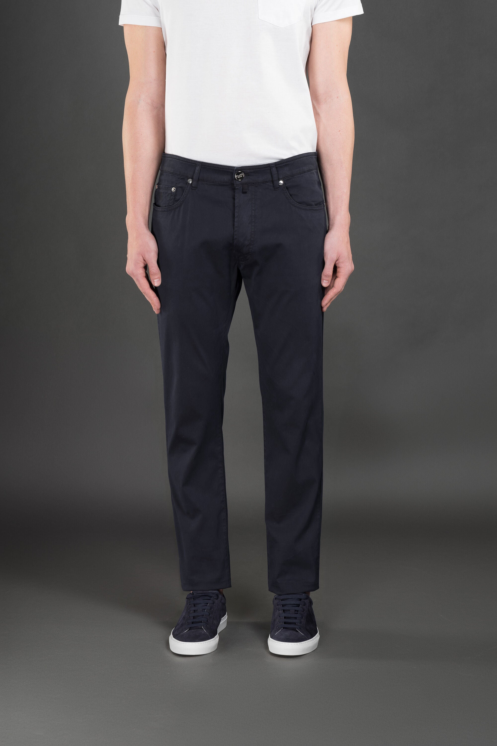 MOORER MEN'S NAVY COTTON CASUAL TROUSERS