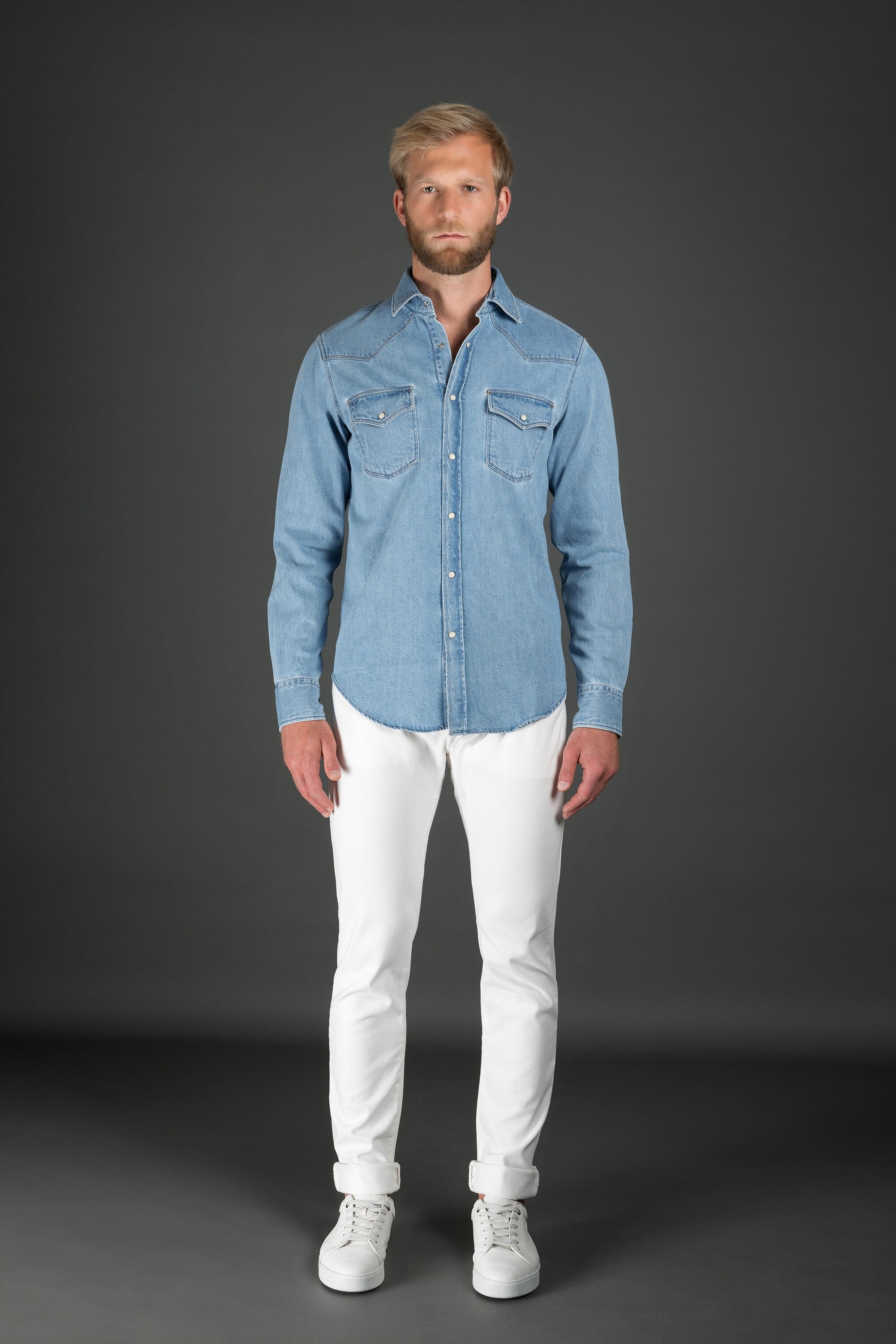 MOORER MEN'S LIGHT BLUE DENIM SHIRT WITH POCKETS