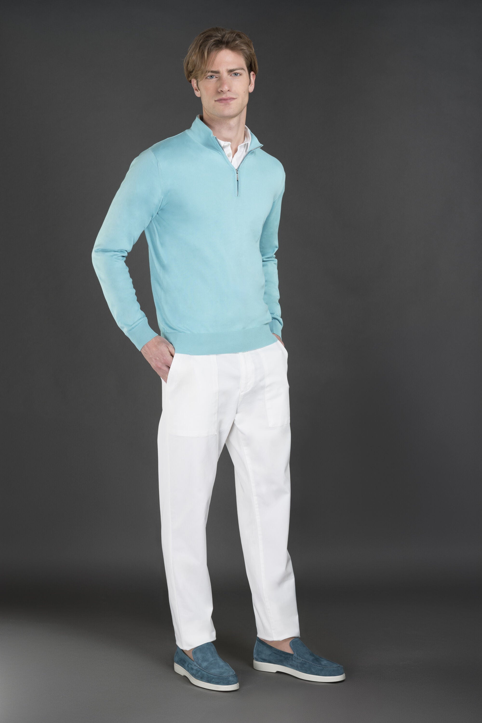 MOORER MEN'S TURQUOISE HALF-ZIP KNIT SWEATER