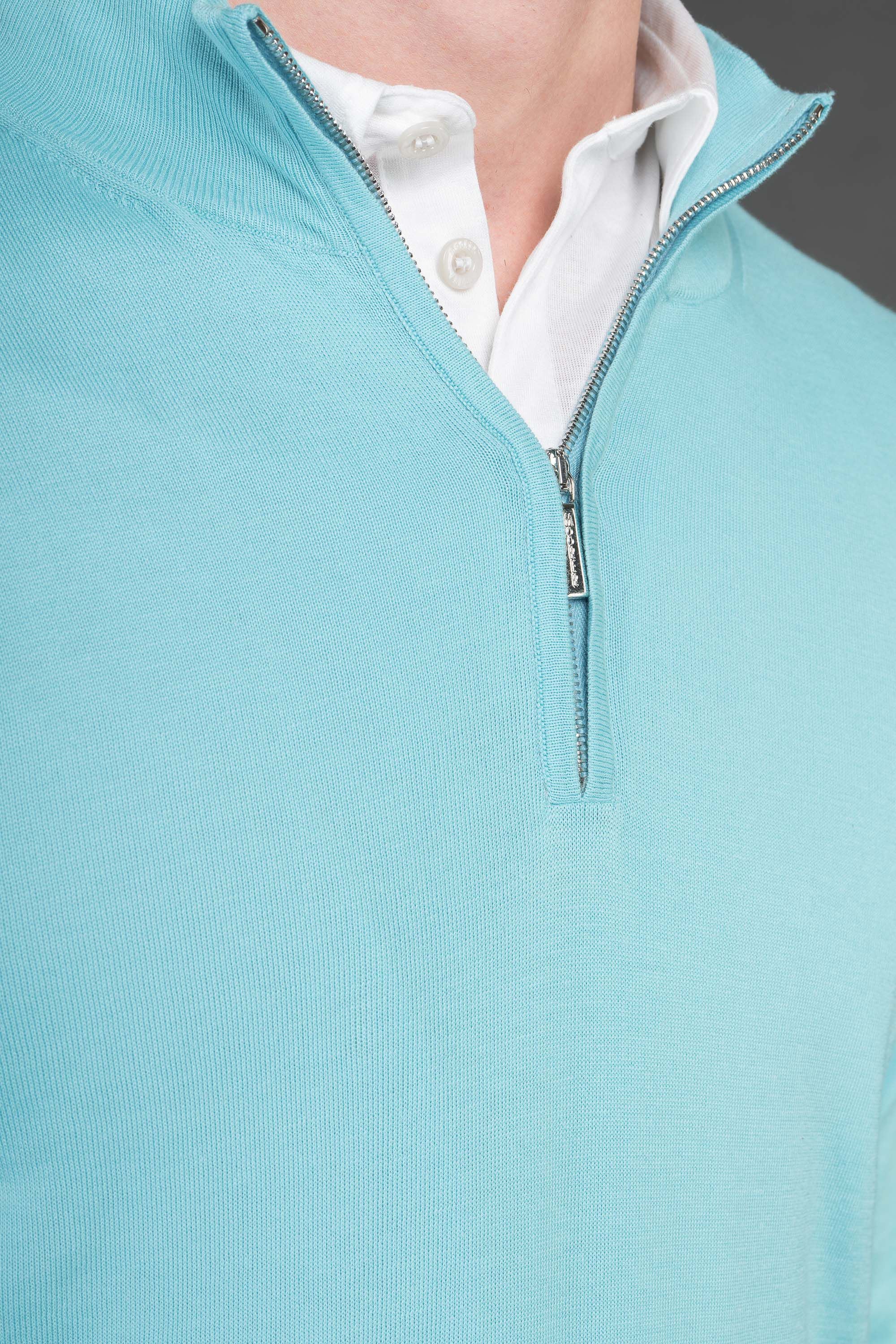 MOORER MEN'S TURQUOISE HALF-ZIP KNIT SWEATER
