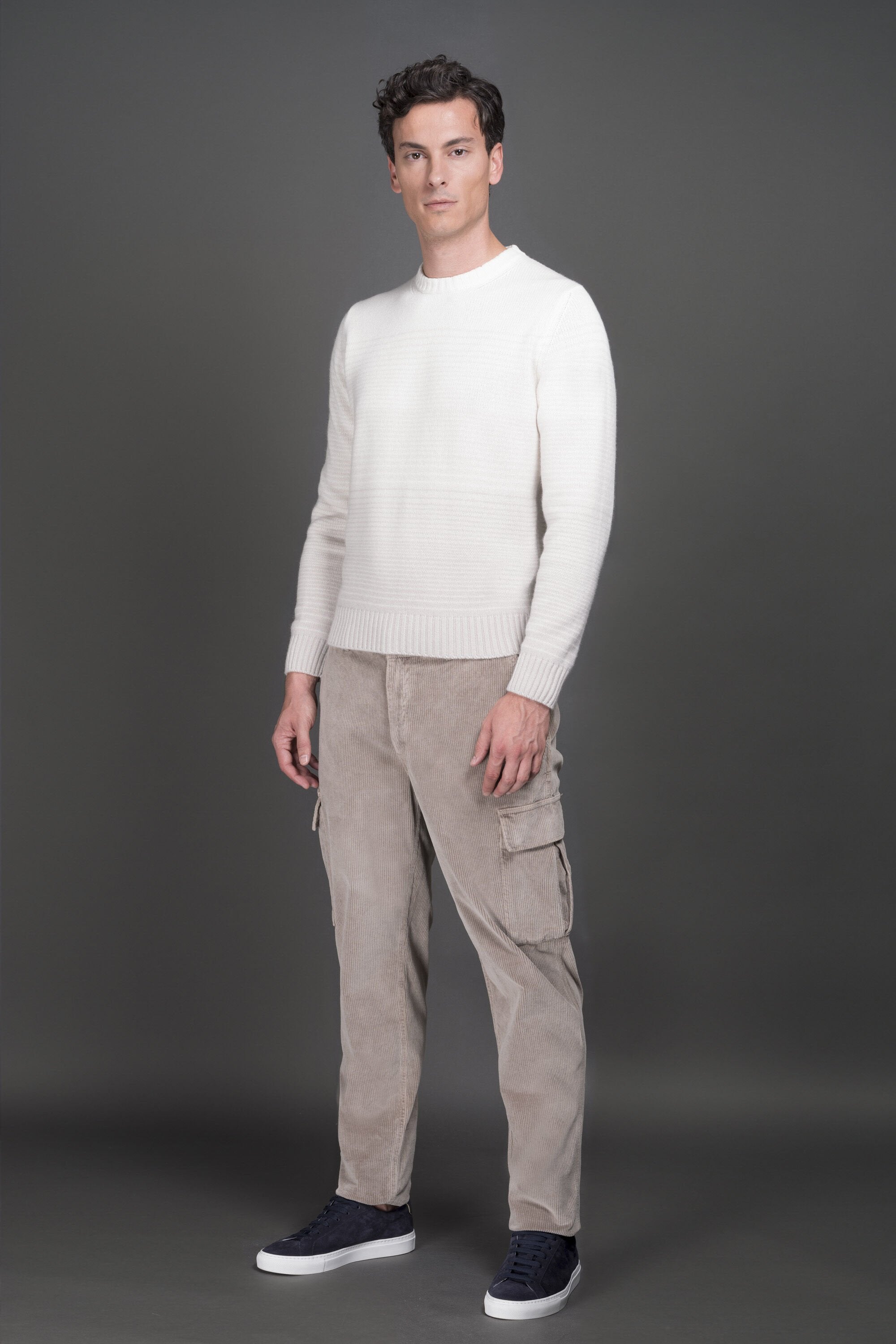 MOORER MEN'S WHITE RIBBED KNIT SWEATER