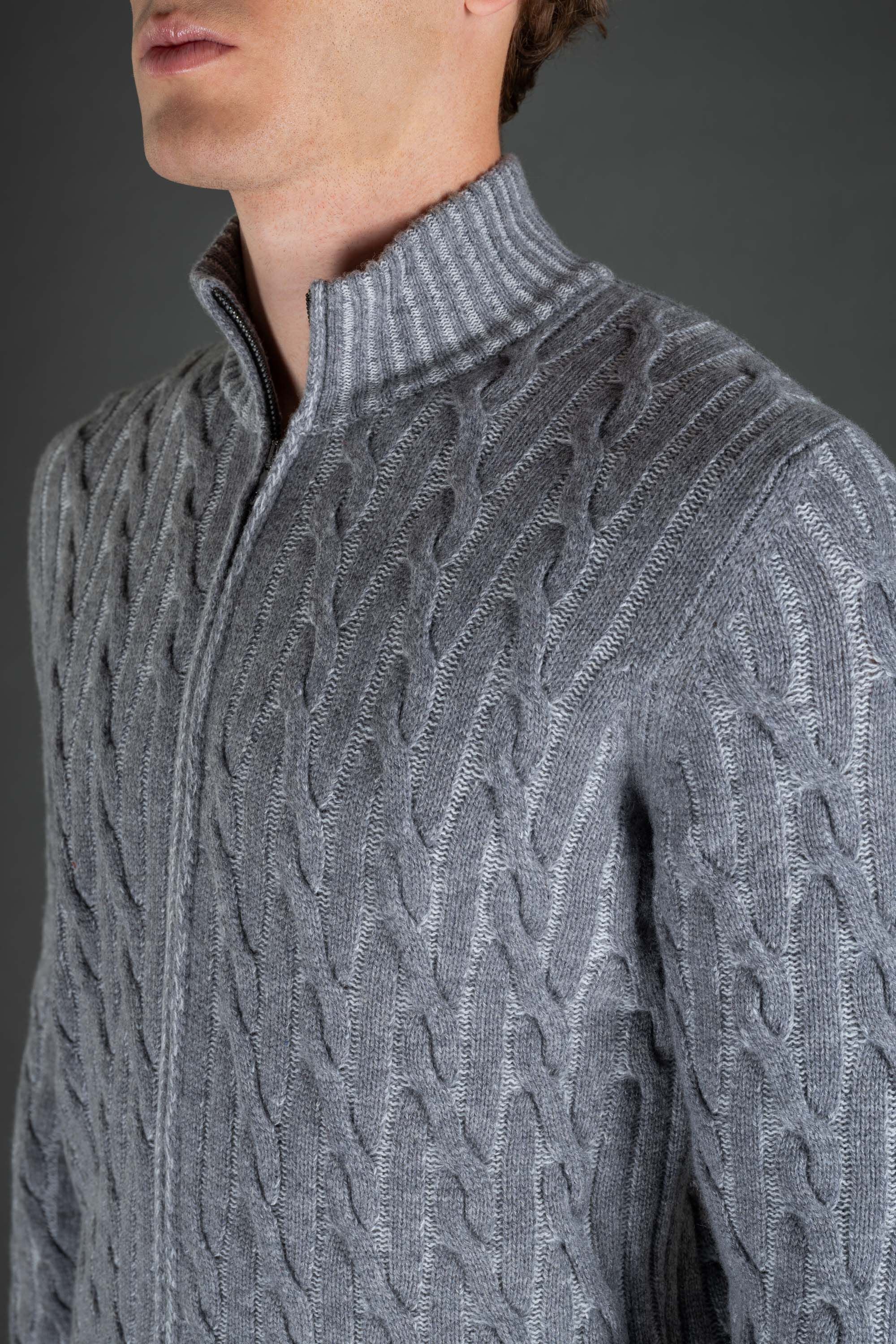 MOORER MEN'S LIGHT GREY CABLE KNIT SWEATER