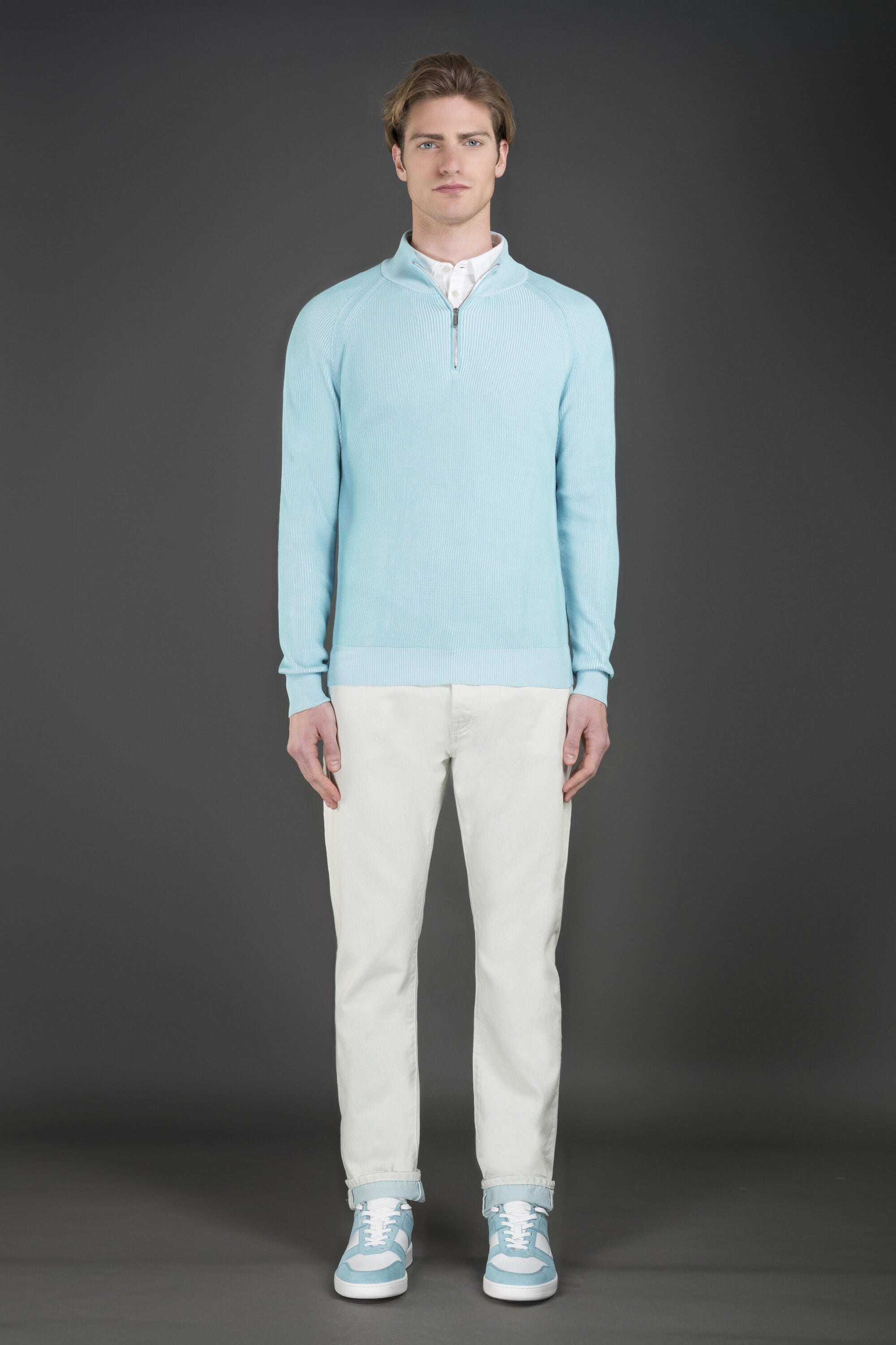 MOORER MEN'S LIGHT BLUE ZIP SWEATER