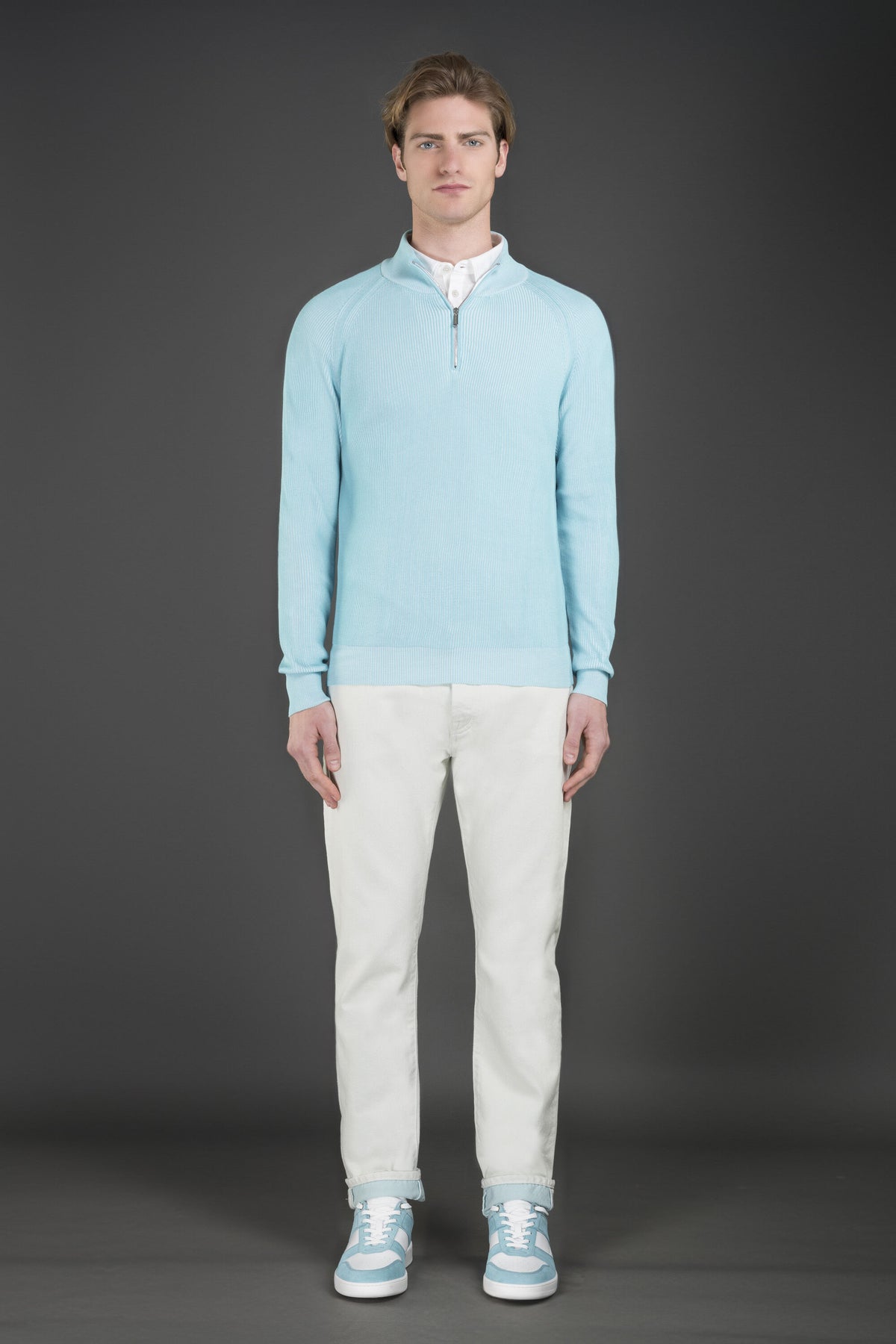 MOORER MEN'S LIGHT BLUE ZIP SWEATER