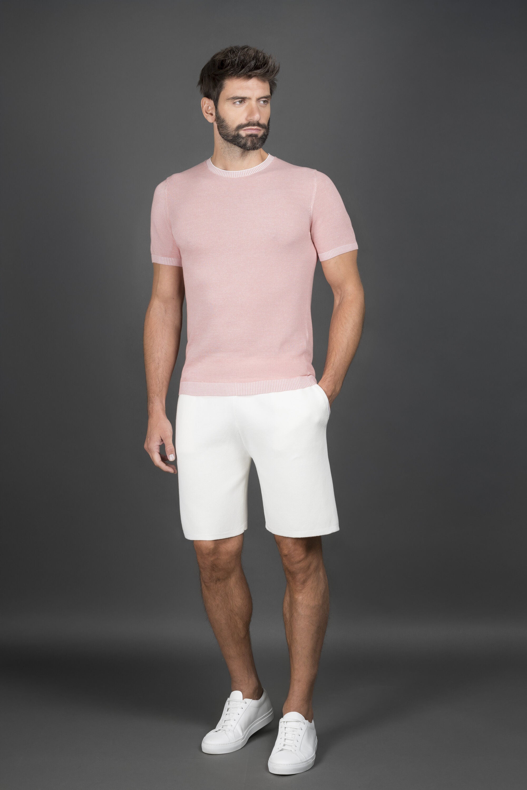 MOORER MEN'S LIGHT PINK SHORT SLEEVE SWEATER