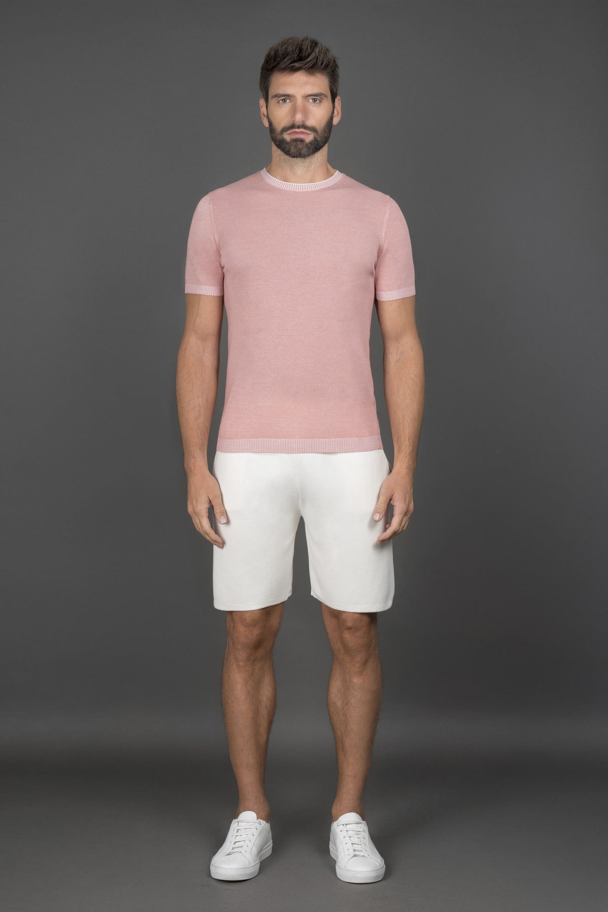 MOORER MEN'S LIGHT PINK SHORT SLEEVE SWEATER