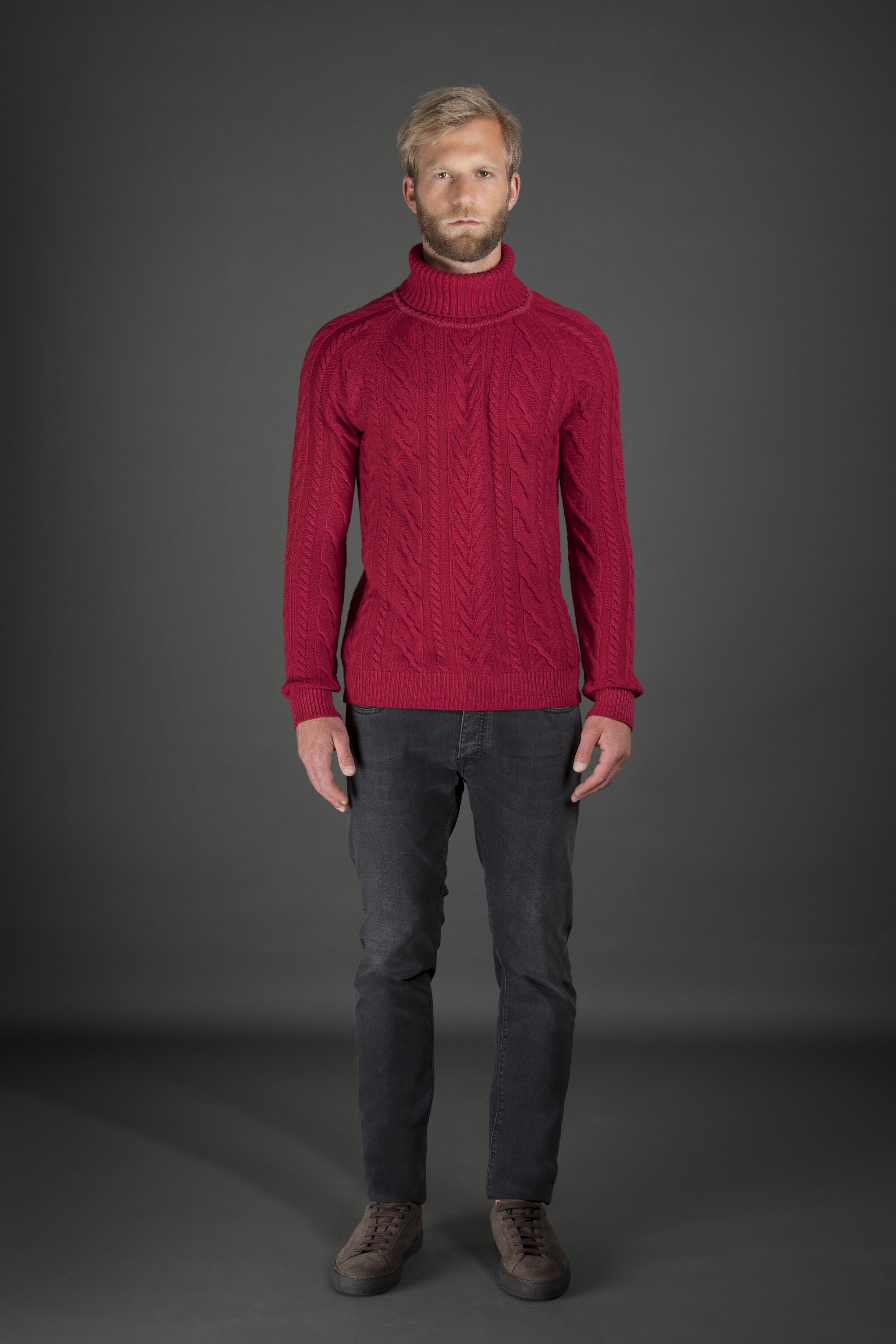 MOORER MEN'S RED CABLE KNIT SWEATER