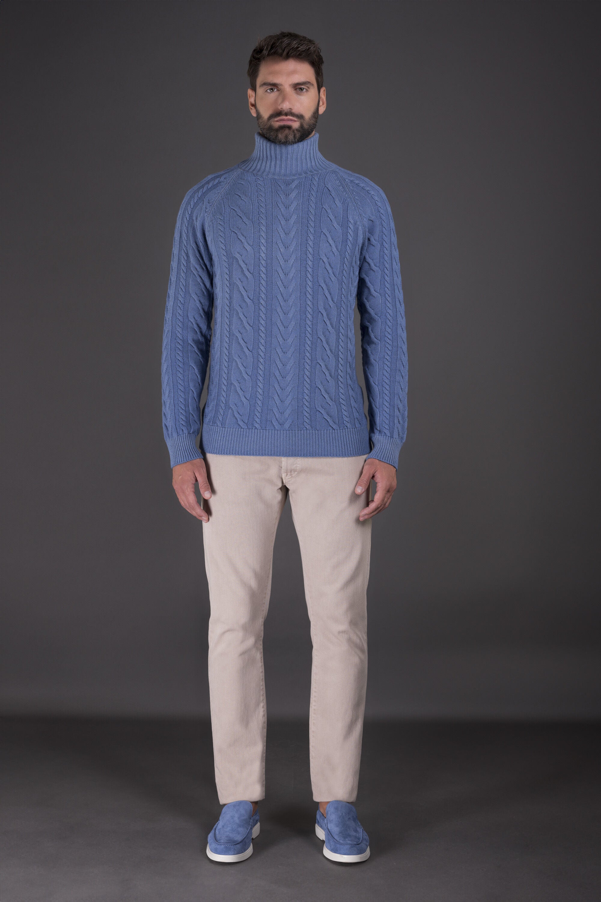 MOORER MEN'S LIGHT BLUE CABLE KNIT SWEATER