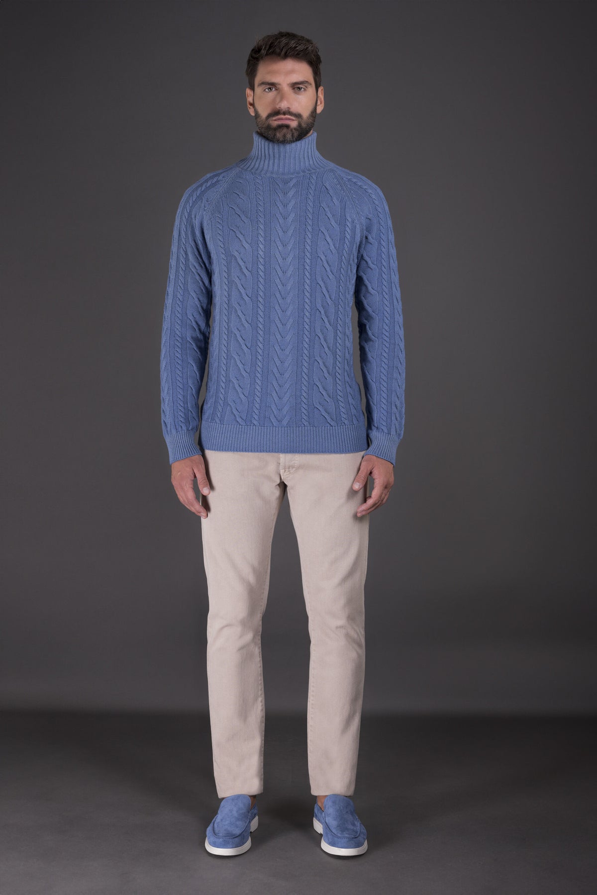 MOORER MEN'S LIGHT BLUE CABLE KNIT SWEATER
