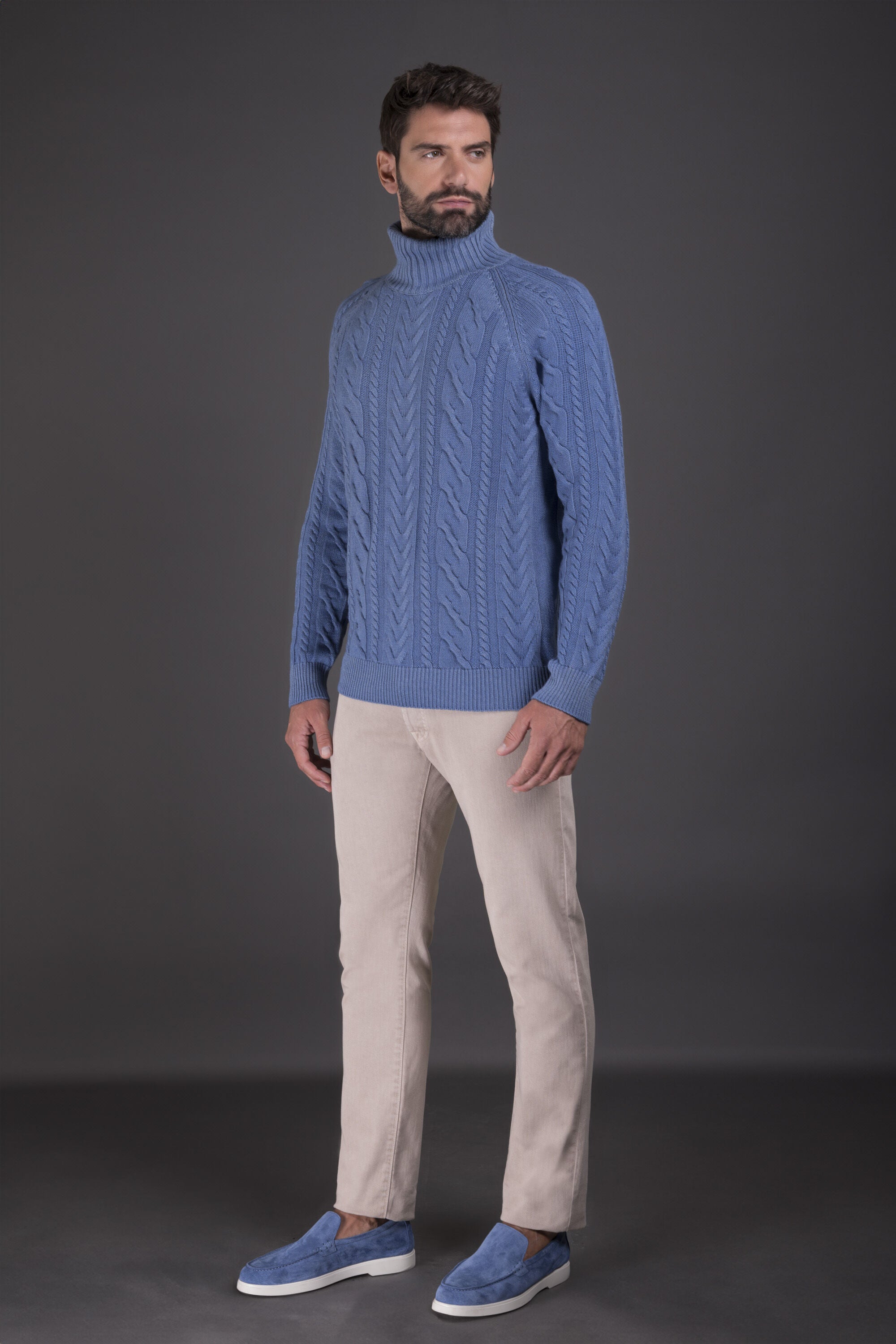 MOORER MEN'S LIGHT BLUE CABLE KNIT SWEATER
