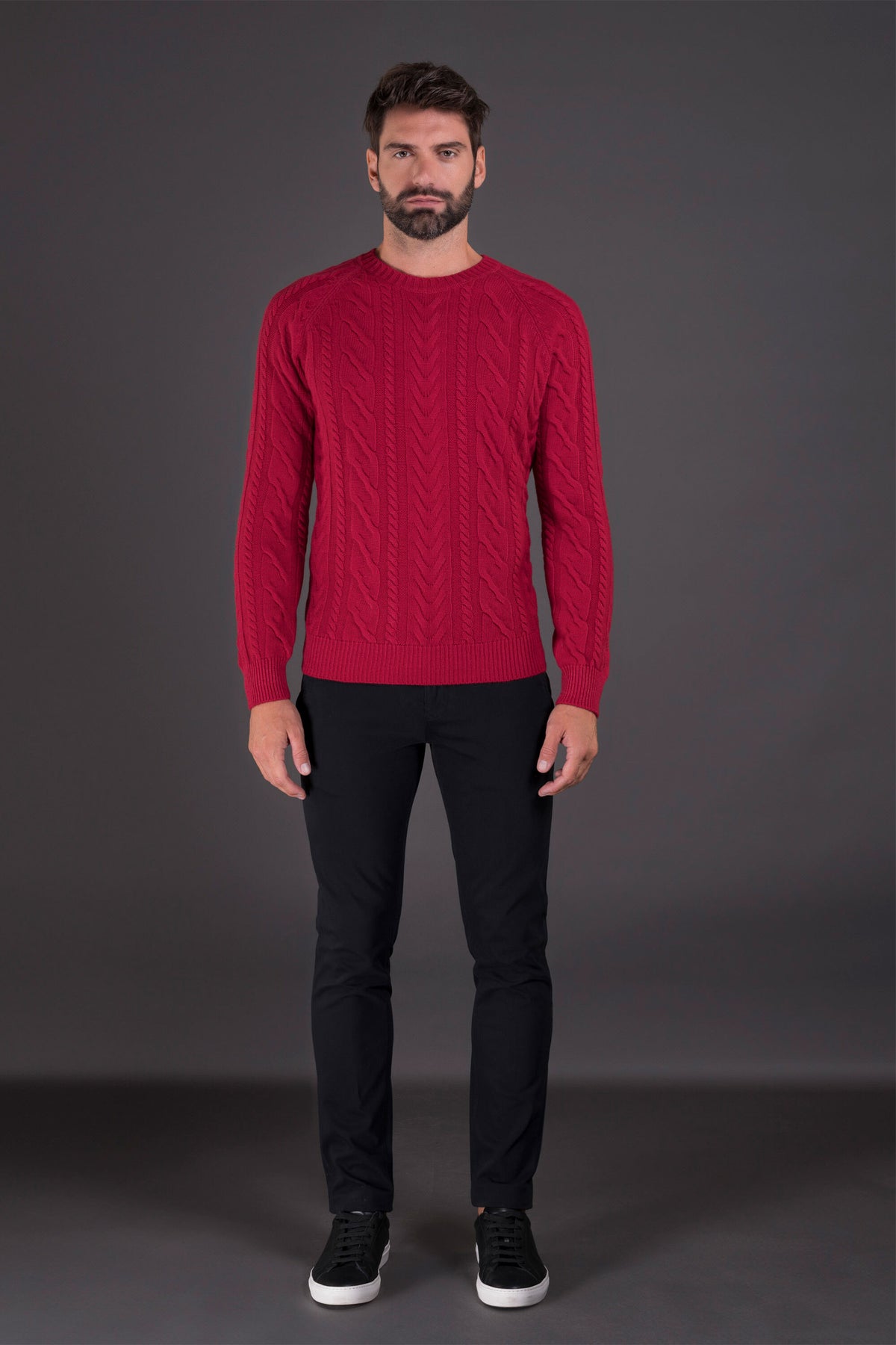 MOORER MEN'S RED CABLE KNIT SWEATER
