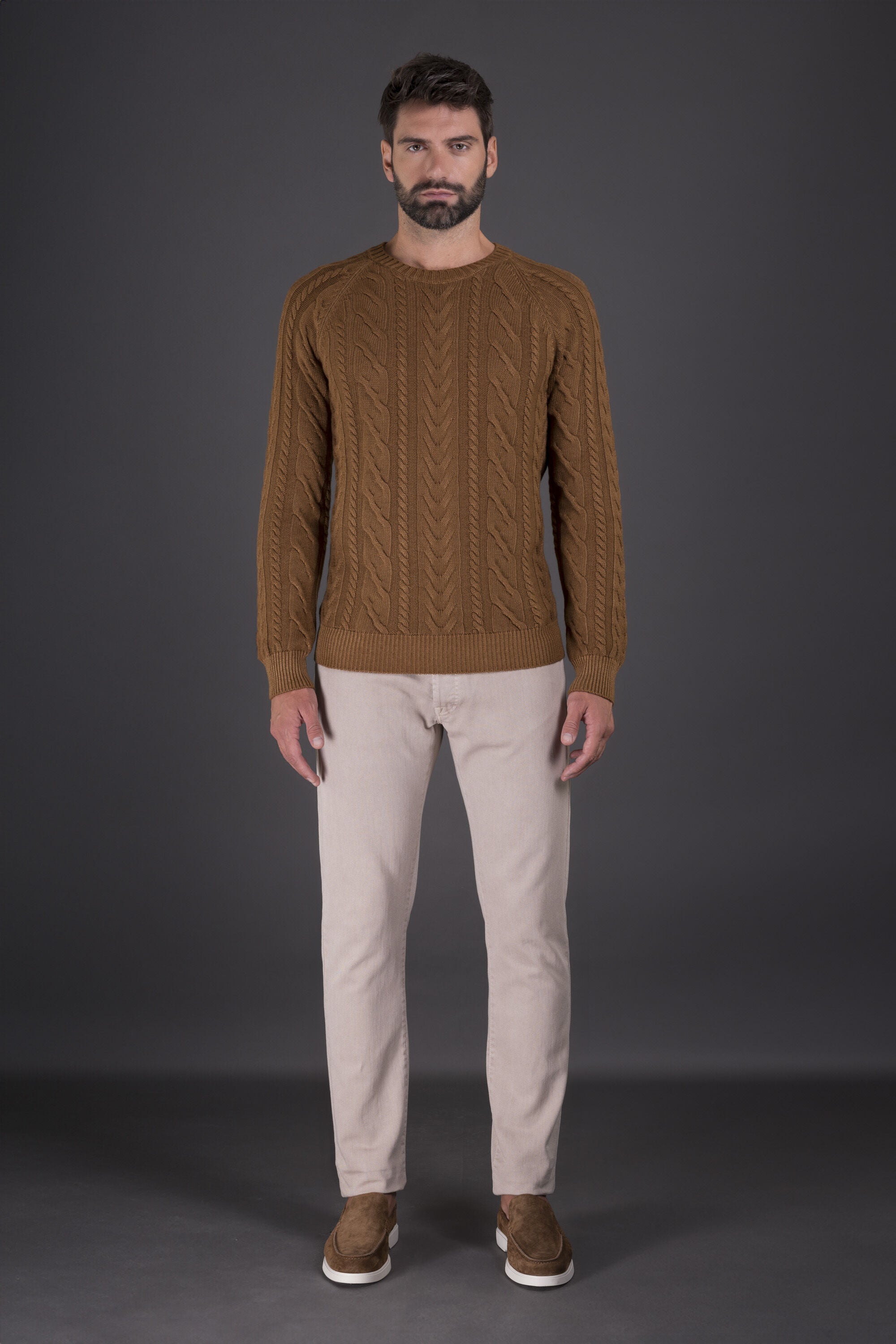 MOORER MEN'S BROWN CABLE KNIT SWEATER