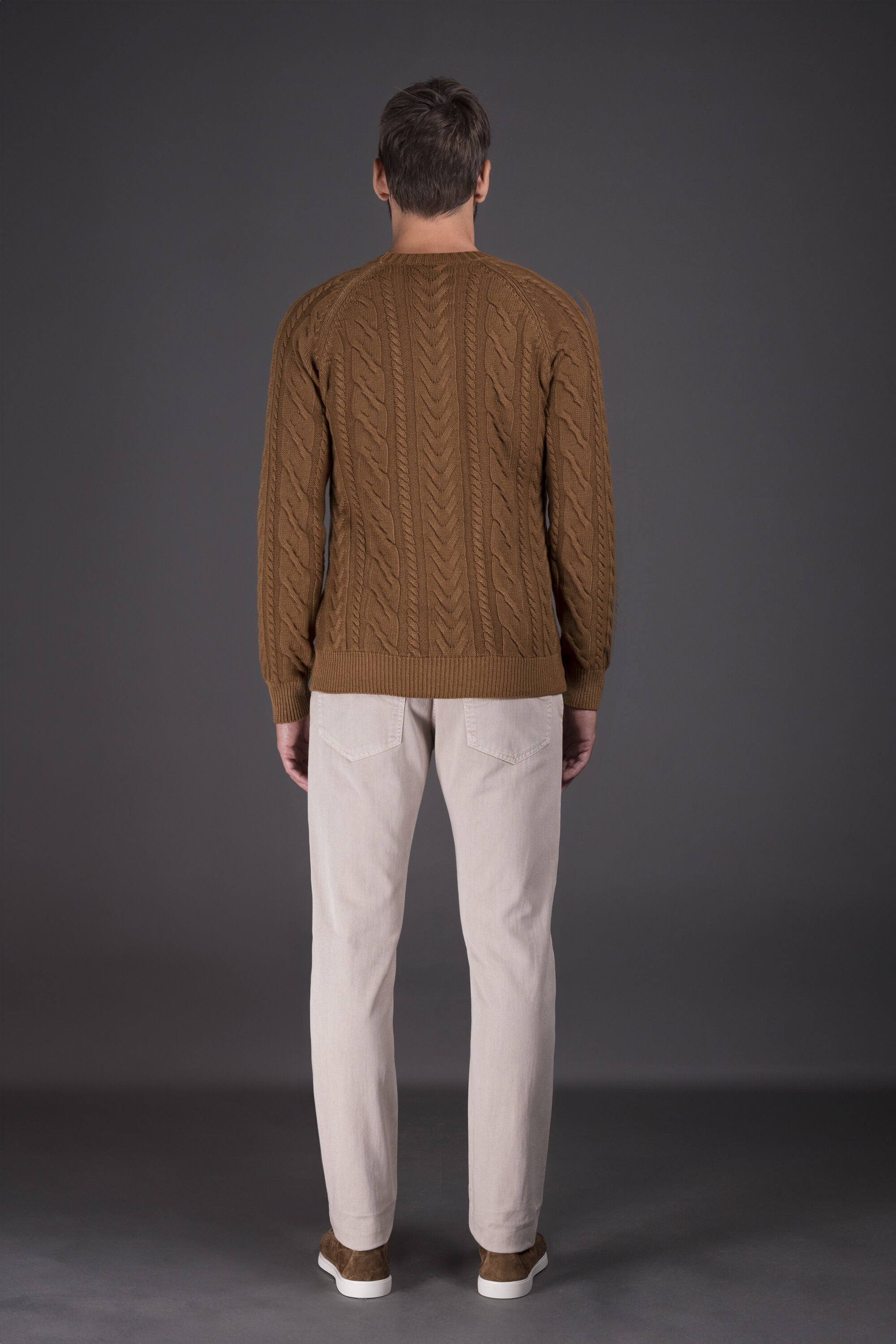 MOORER MEN'S BROWN CABLE KNIT SWEATER