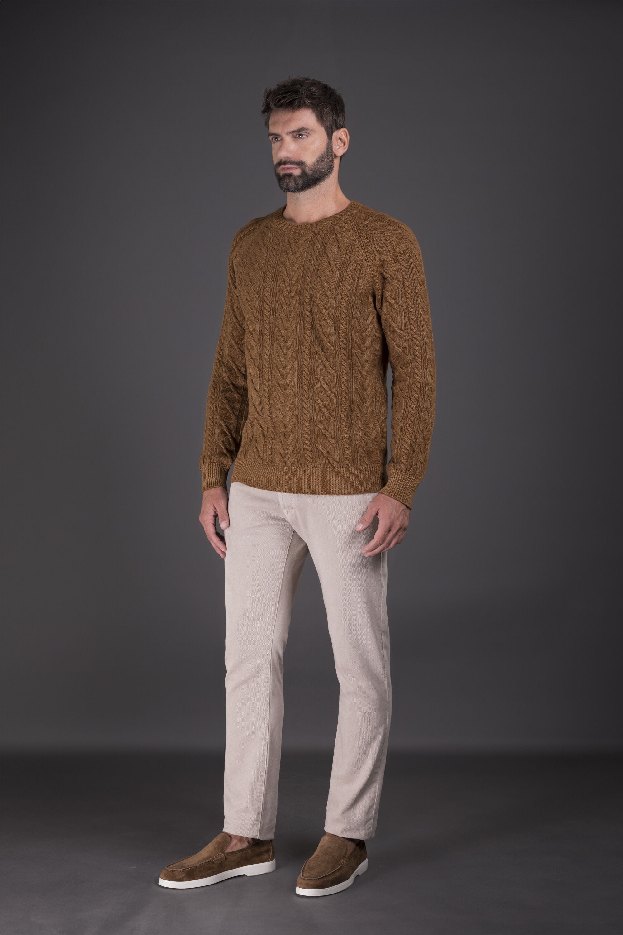 MOORER MEN'S BROWN CABLE KNIT SWEATER