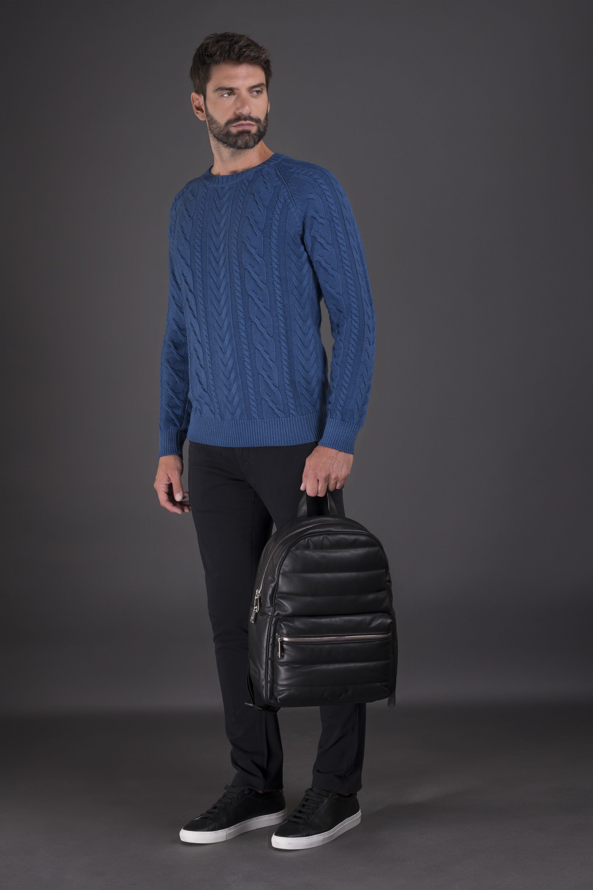 MOORER MEN'S BLUE CABLE KNIT SWEATER