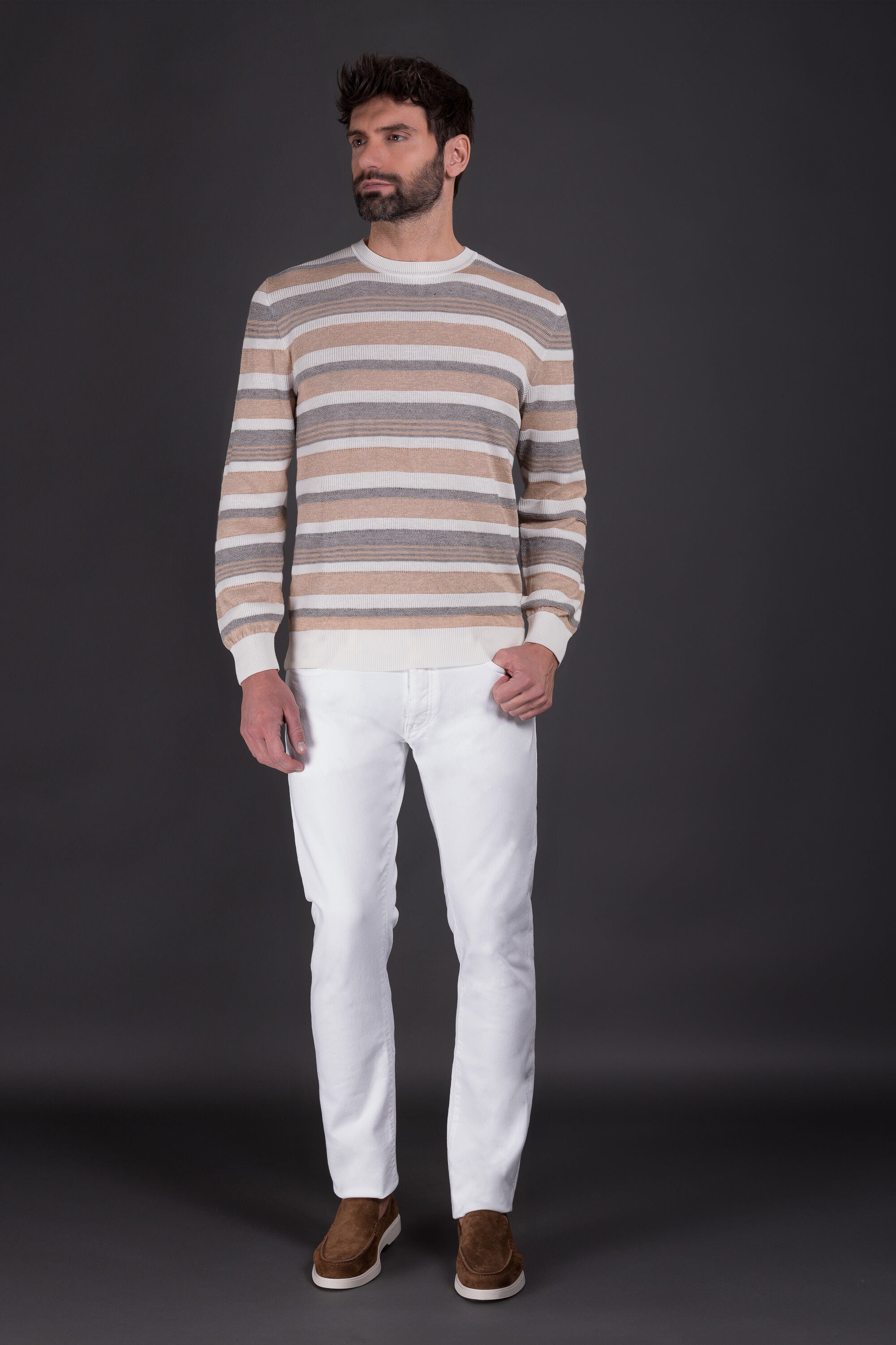 MOORER MEN'S BEIGE STRIPED KNIT SWEATER