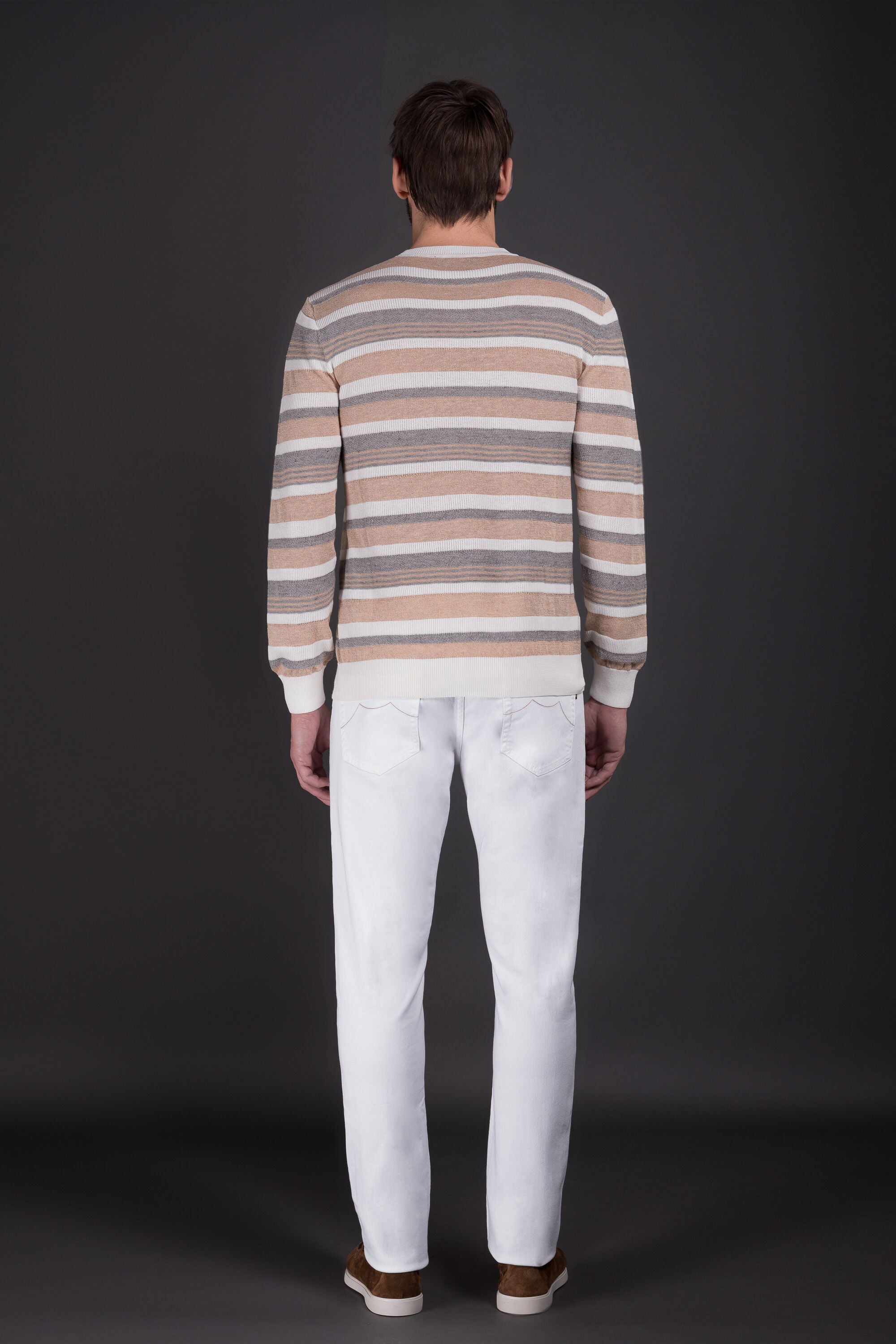 MOORER MEN'S BEIGE STRIPED KNIT SWEATER