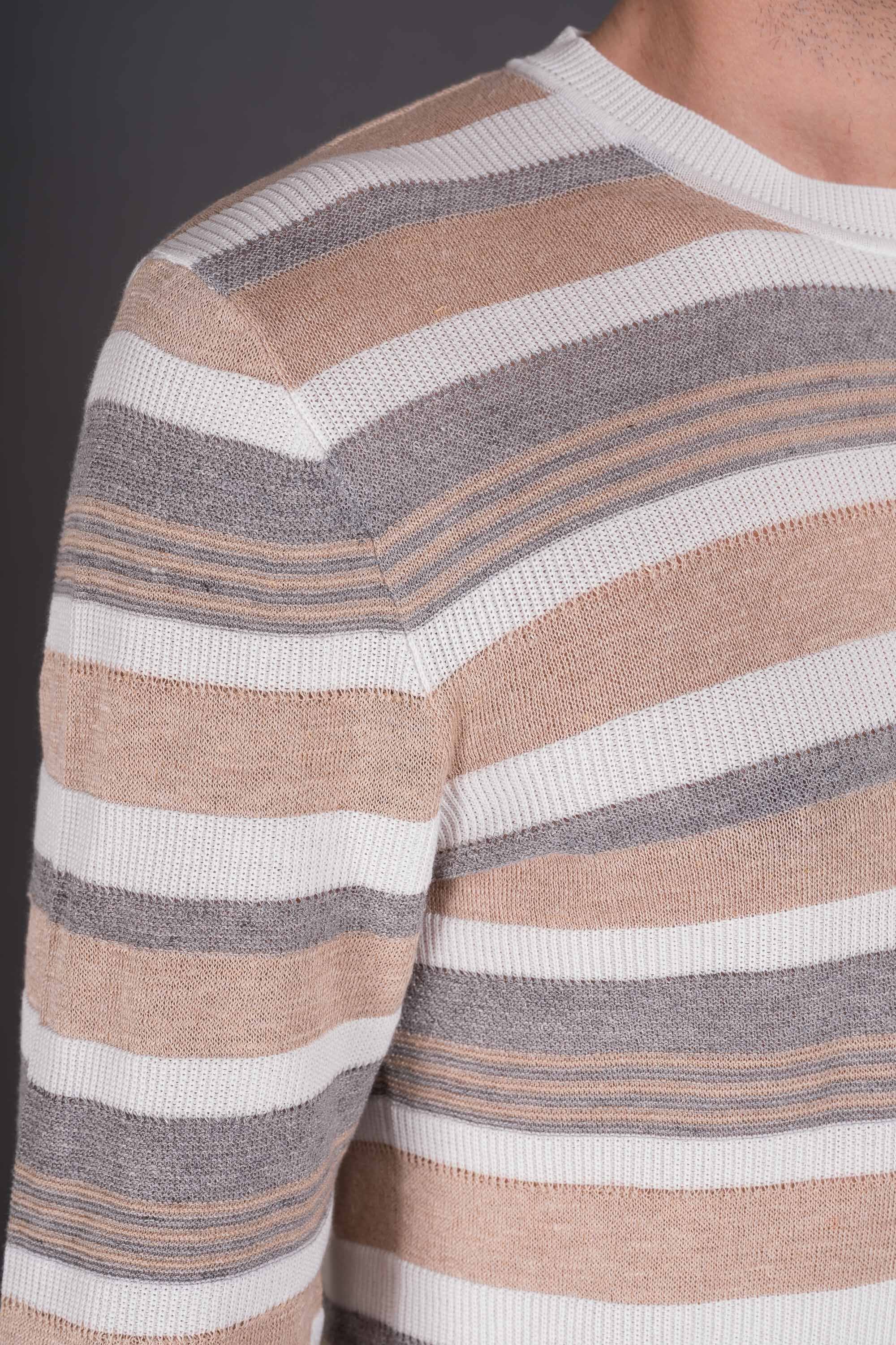 MOORER MEN'S BEIGE STRIPED KNIT SWEATER