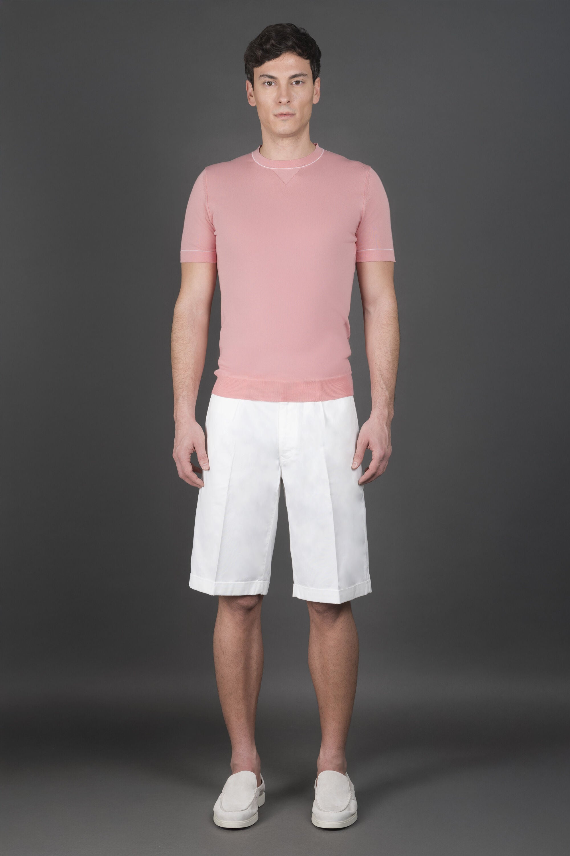 MOORER MEN'S LIGHT PINK SHORT SLEEVE SWEATER