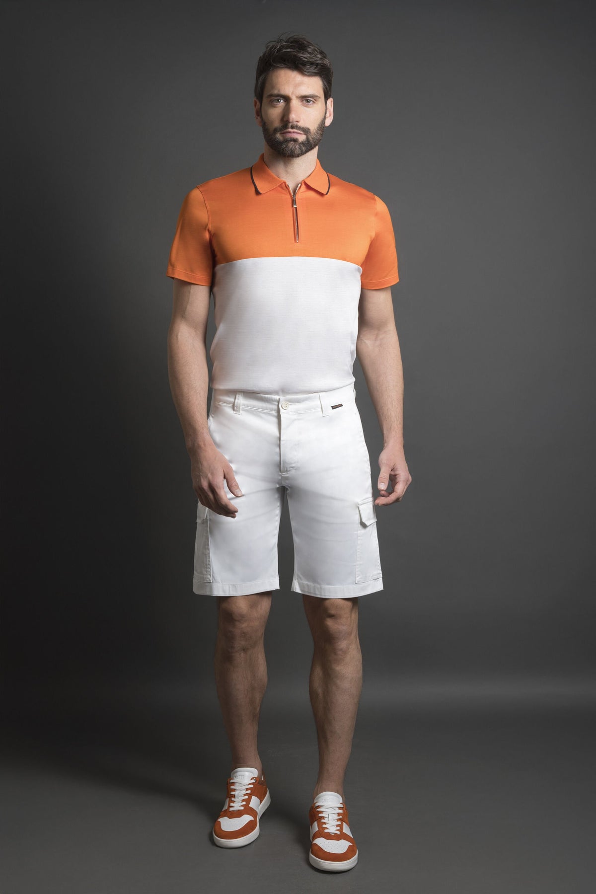 MOORER MEN'S ORANGE WHITE ZIP KNIT SWEATER