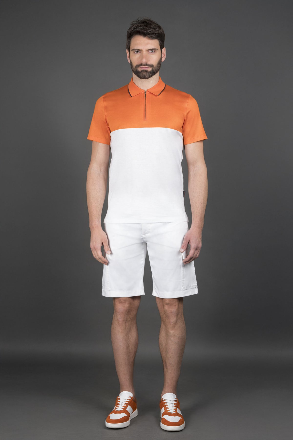 MOORER MEN'S ORANGE WHITE ZIP KNIT SWEATER