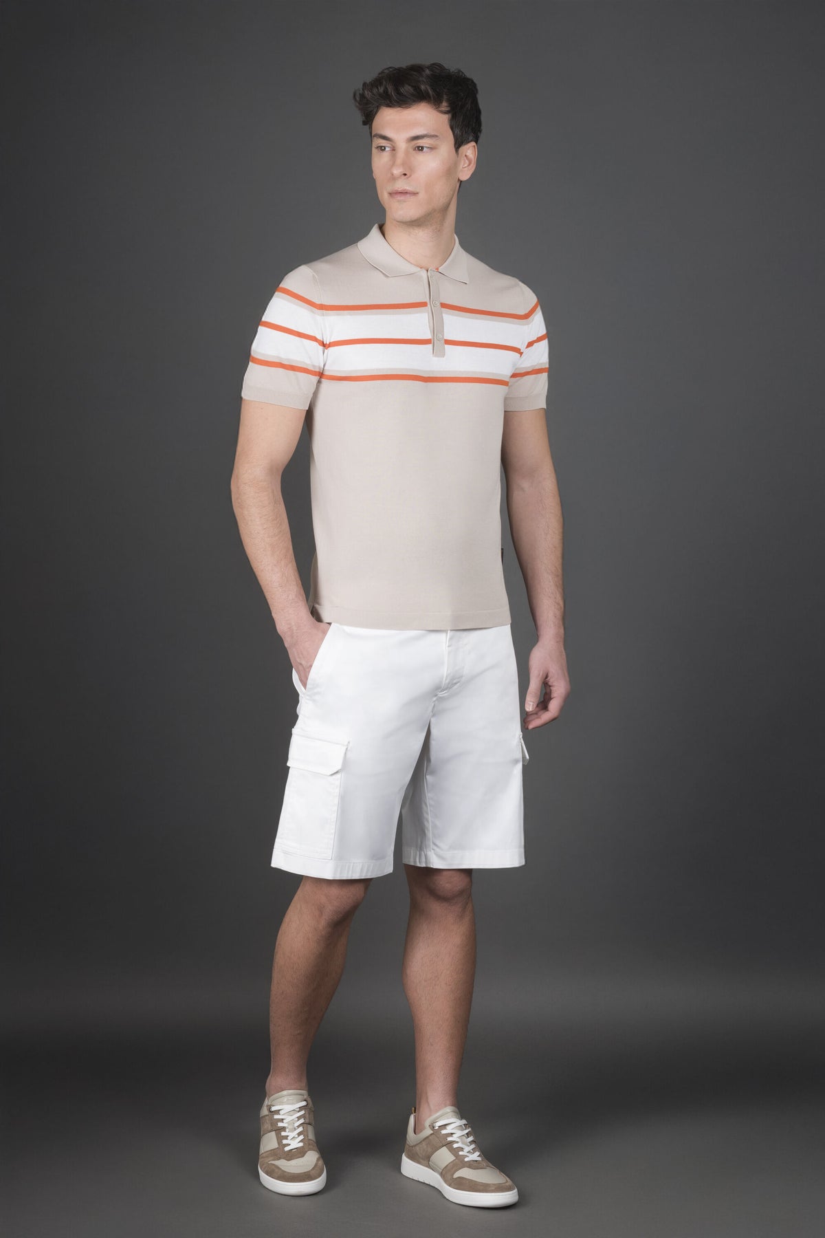 MOORER MEN'S BEIGE STRIPED KNIT SWEATER