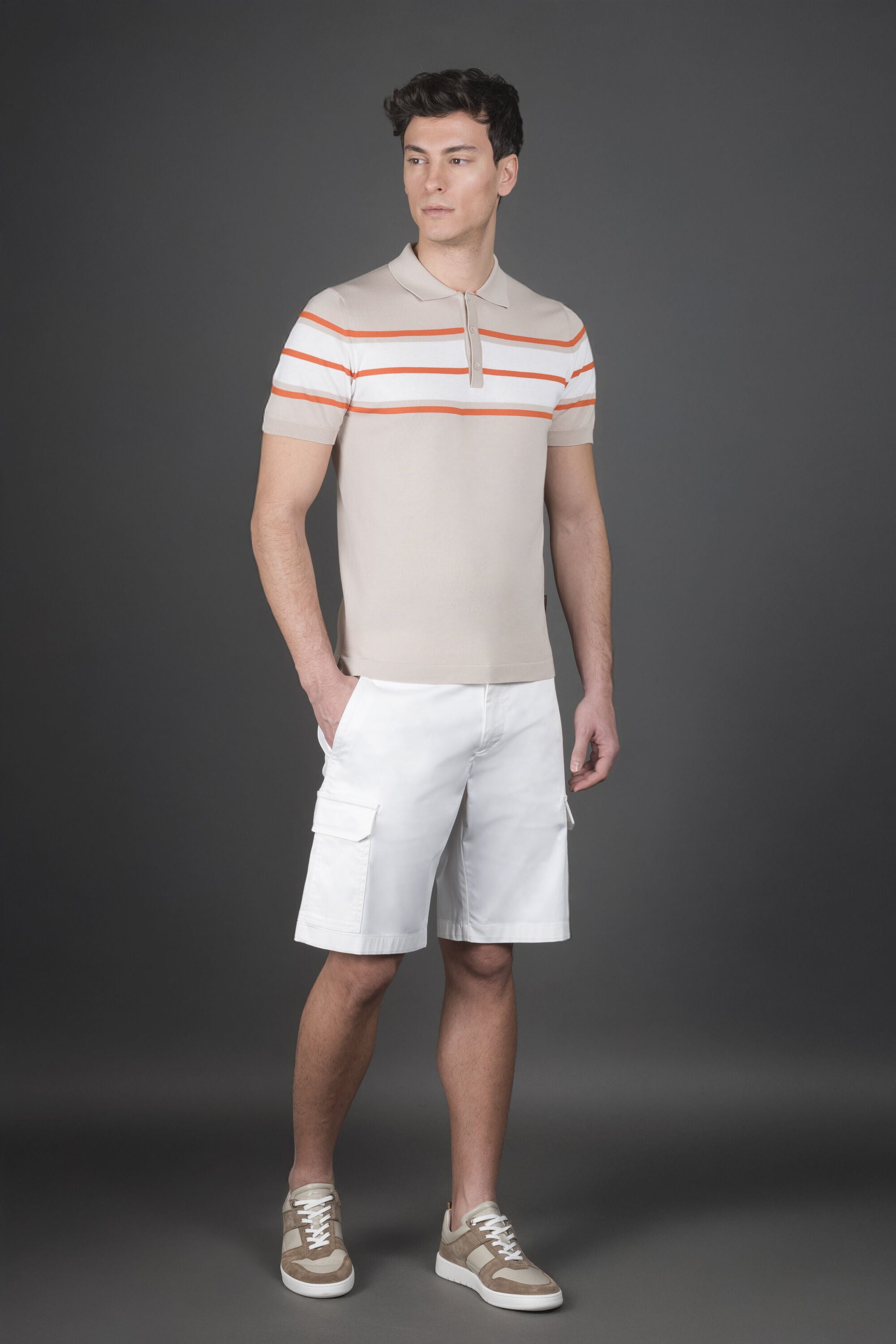 MOORER MEN'S BEIGE STRIPED KNIT SWEATER