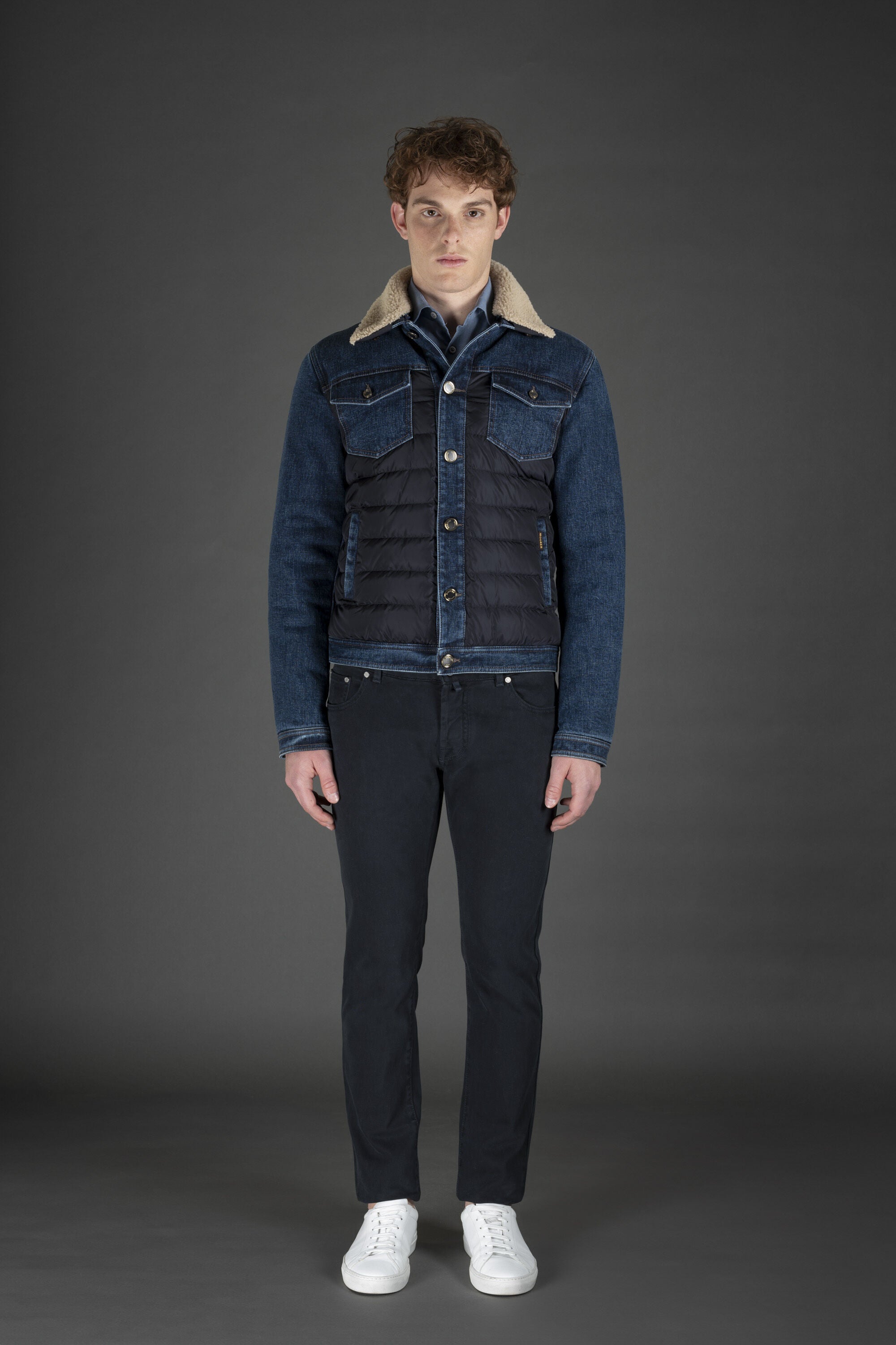 MOORER MEN'S BLUE DENIM SHEARLING JACKET
