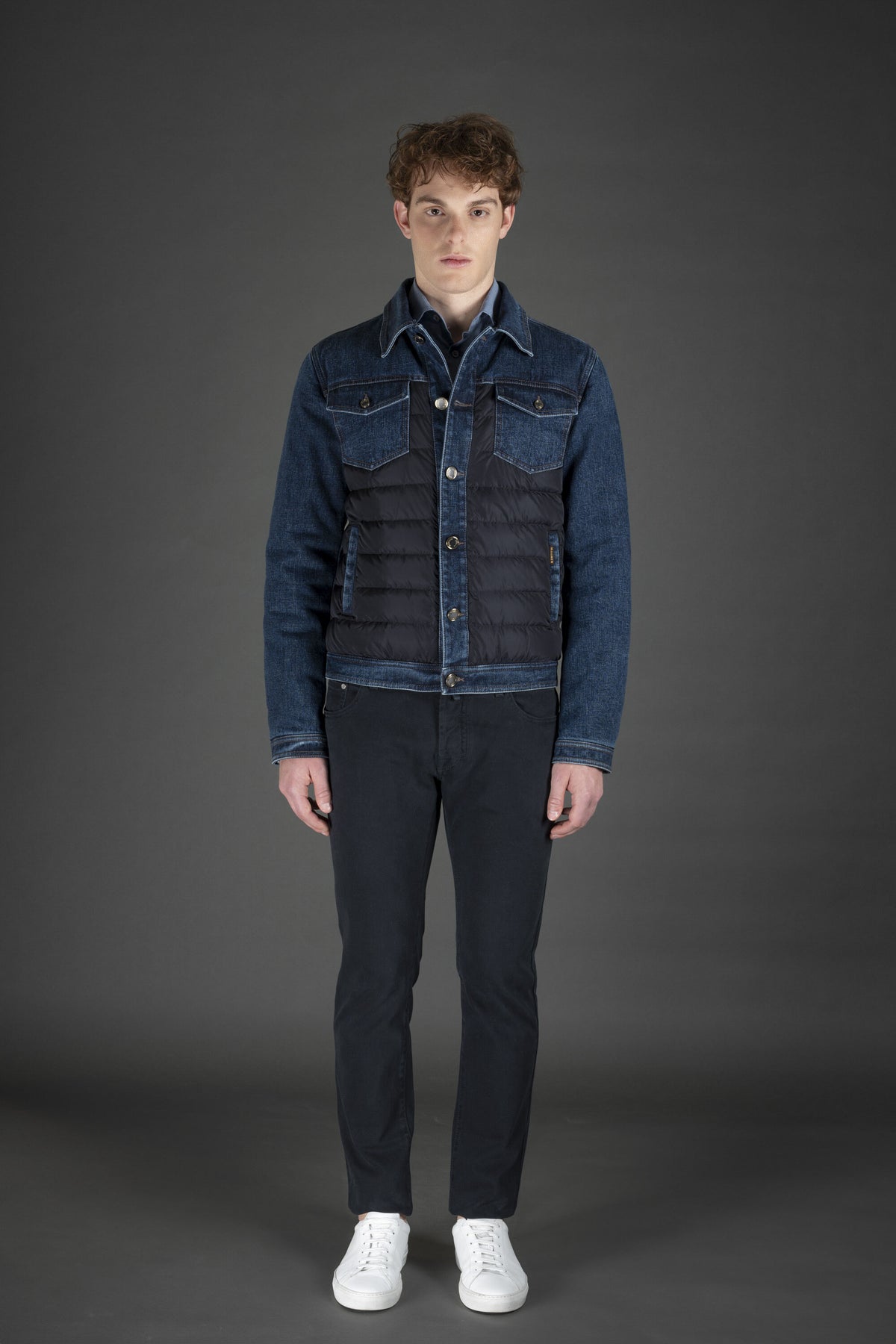 MOORER MEN'S BLUE DENIM SHEARLING JACKET